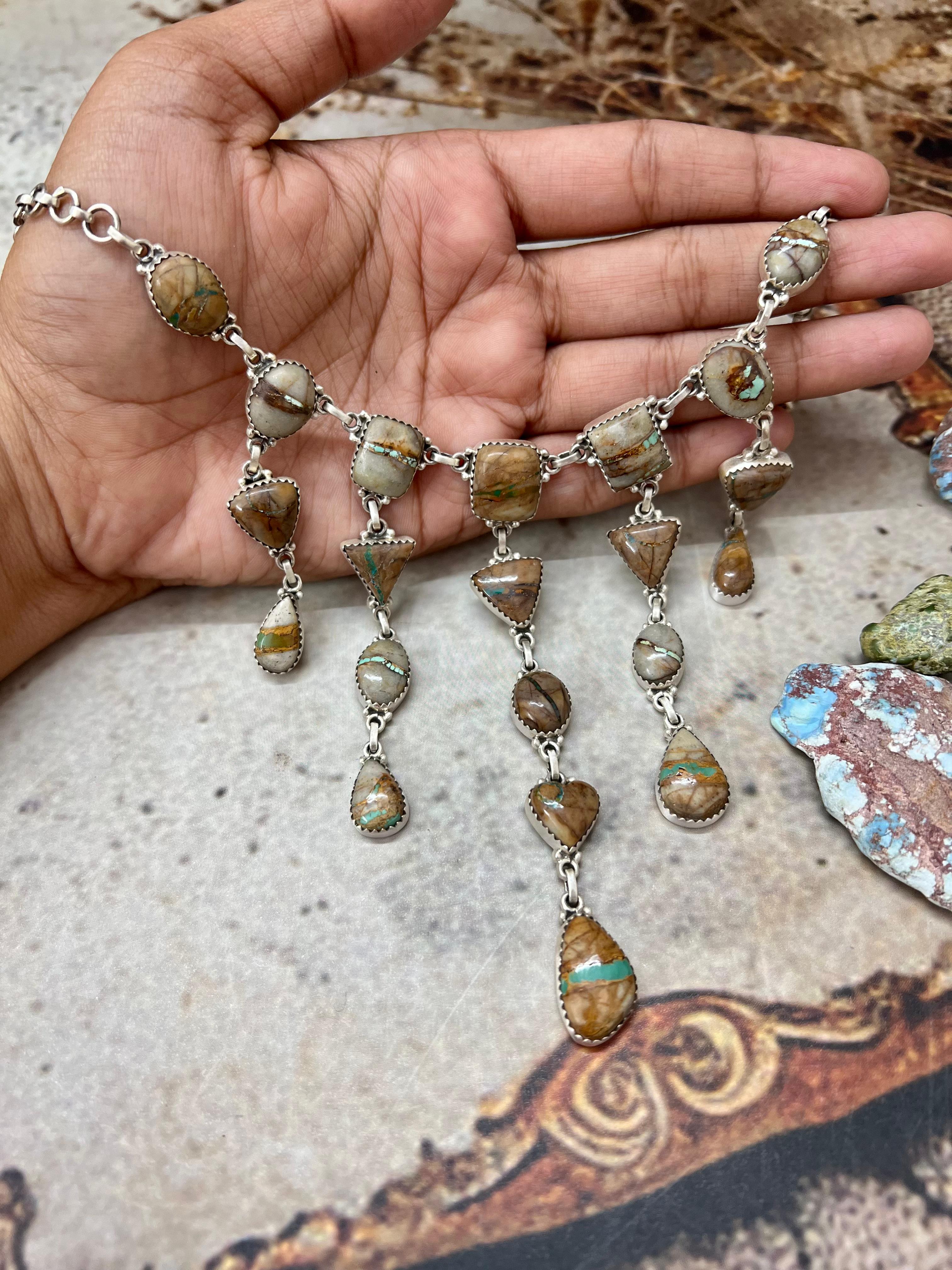 Handmade Sterling Silver Royston Ribbon Turquoise Necklace with Signed Nizhoni