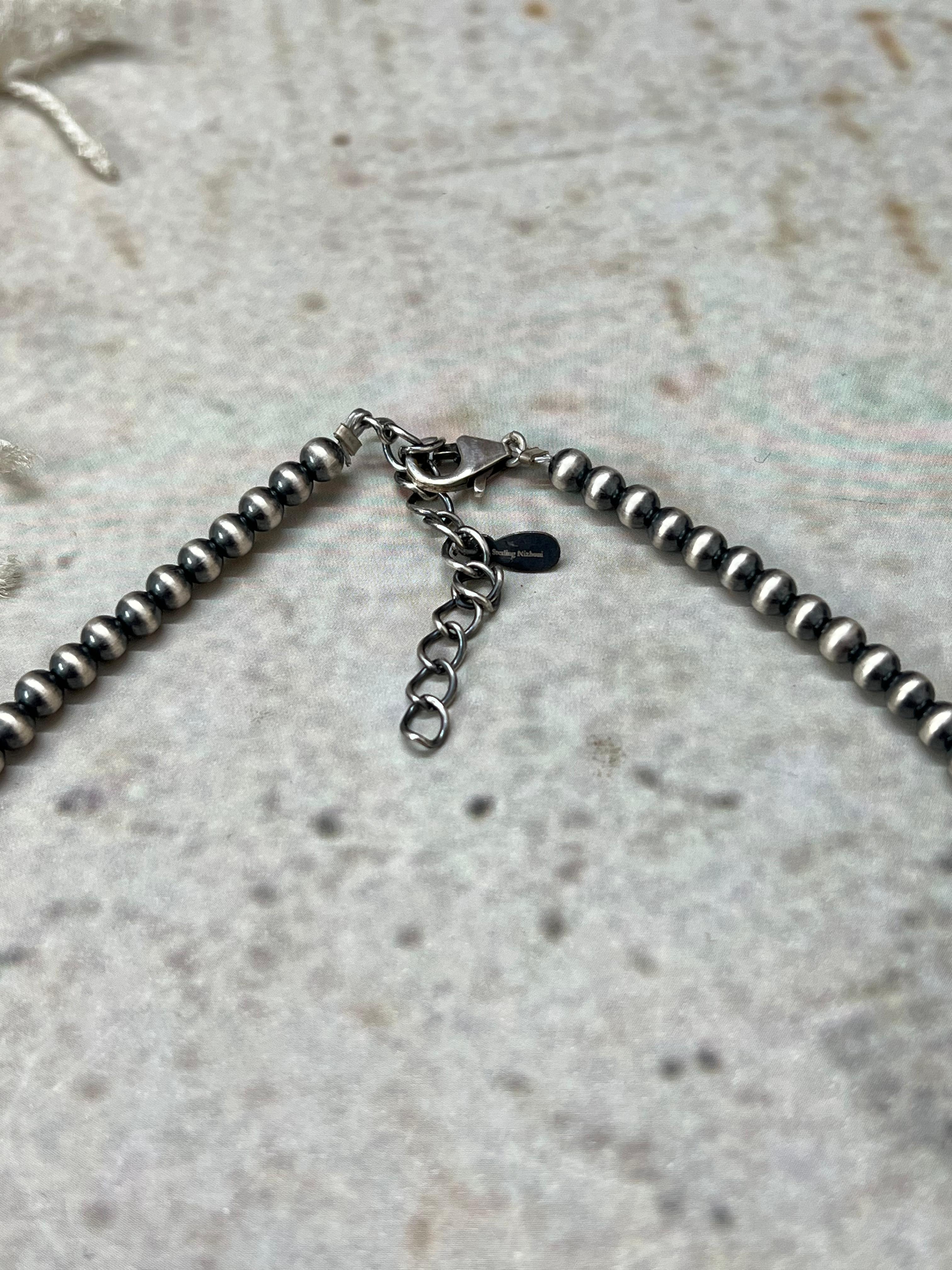 Handmade Sterling Silver Kingman Turquoise Beaded Necklace with Signed Nizhoni