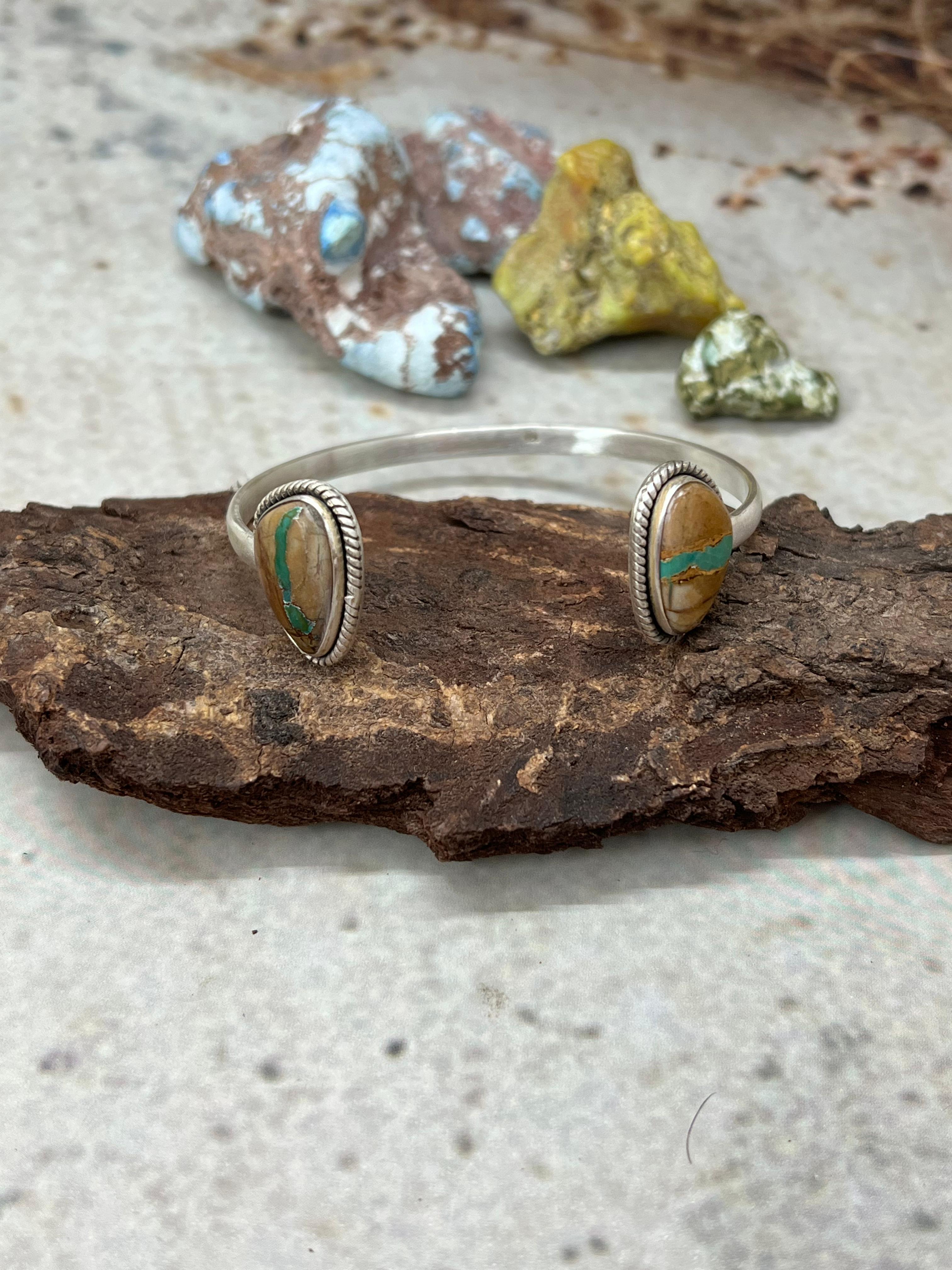 Handmade Sterling Silver Royston Ribbon Turquoise Bracelet with Signed Nizhoni