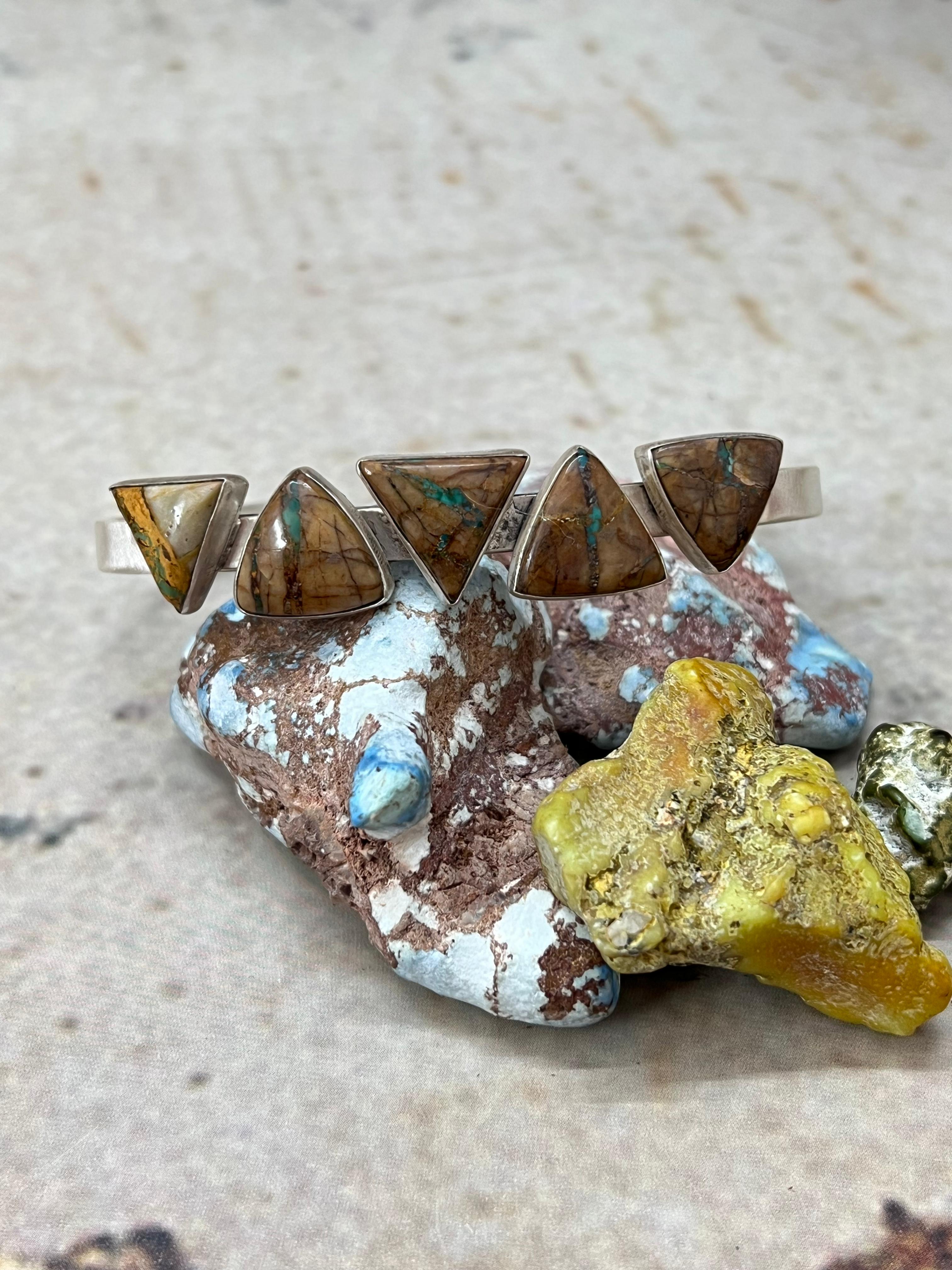 Handmade Sterling Silver Royston Ribbon Turquoise Bracelet with Signed Nizhoni