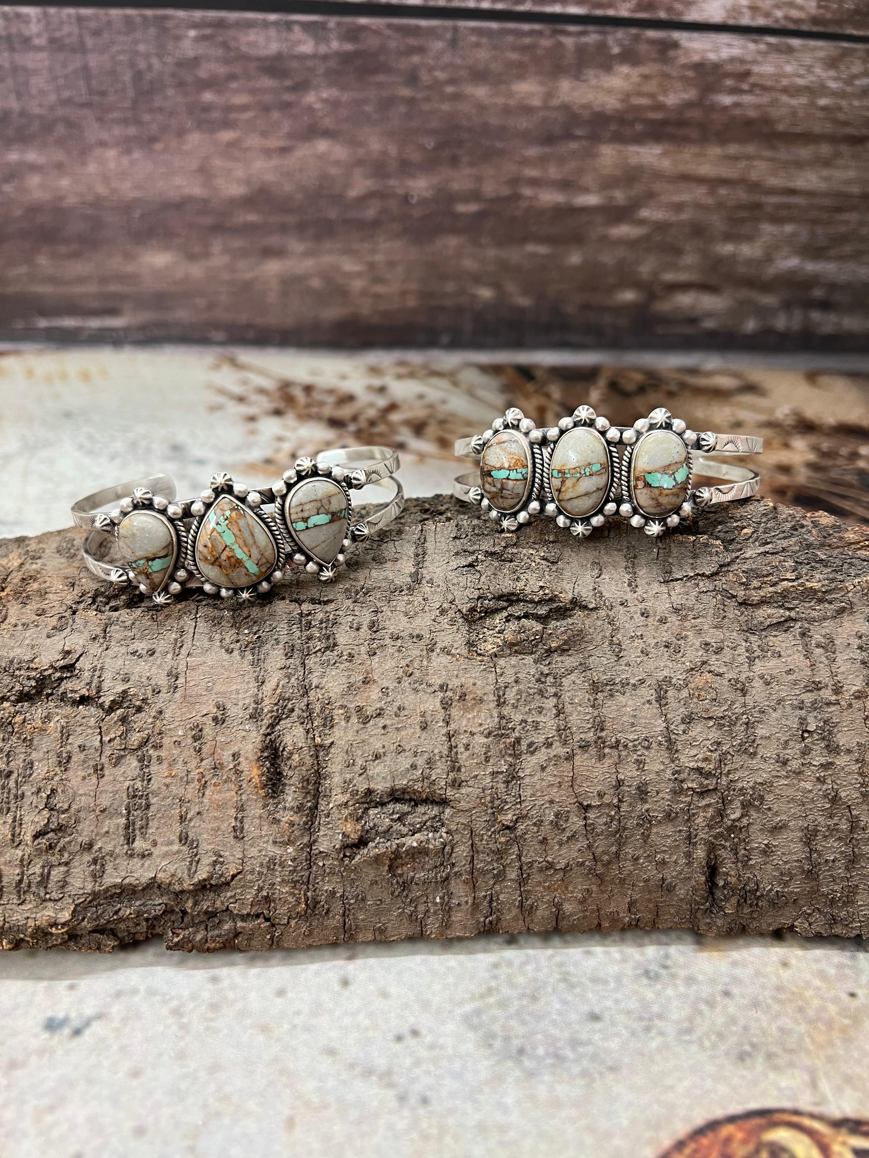 Handmade Sterling Silver Royston Ribbon Turquoise Bracelet with Signed Nizhoni