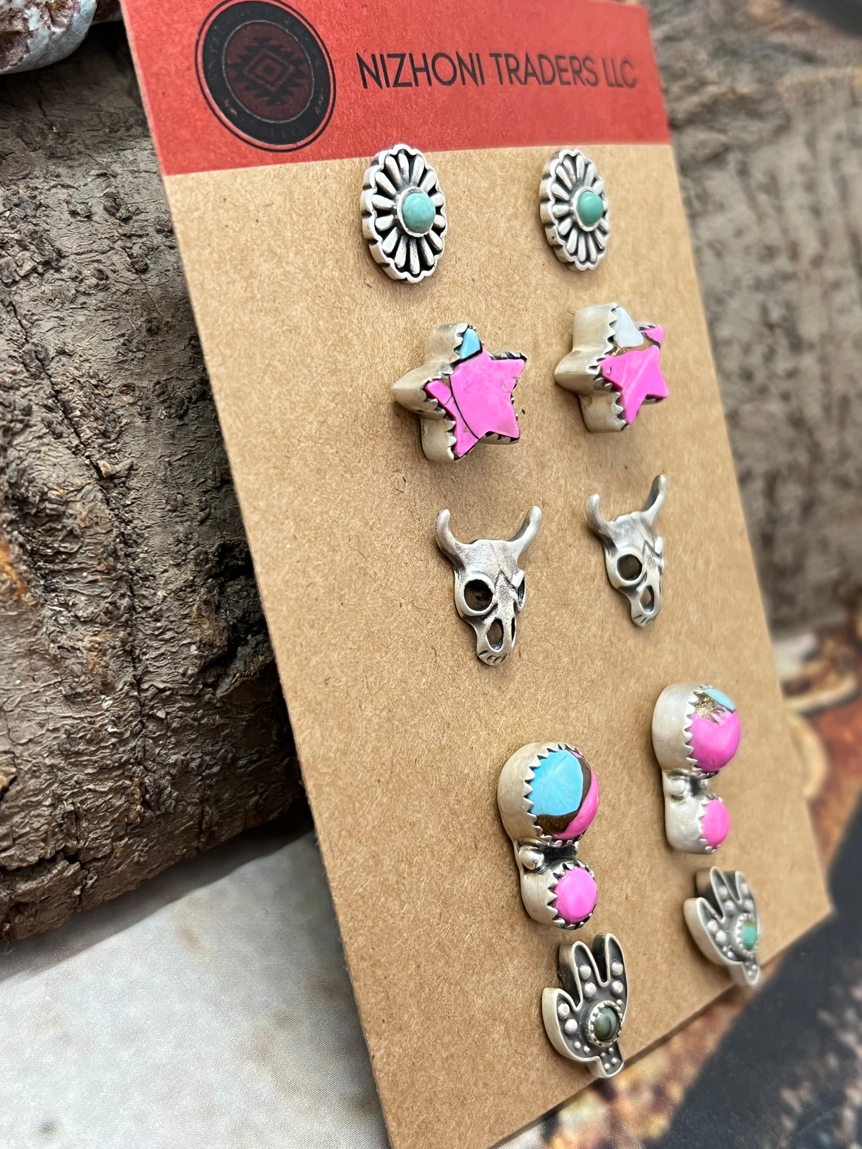 Handmade Sterling Silver Cotton Candy Post (Studs) Earrings Set with Signed Nizhoni