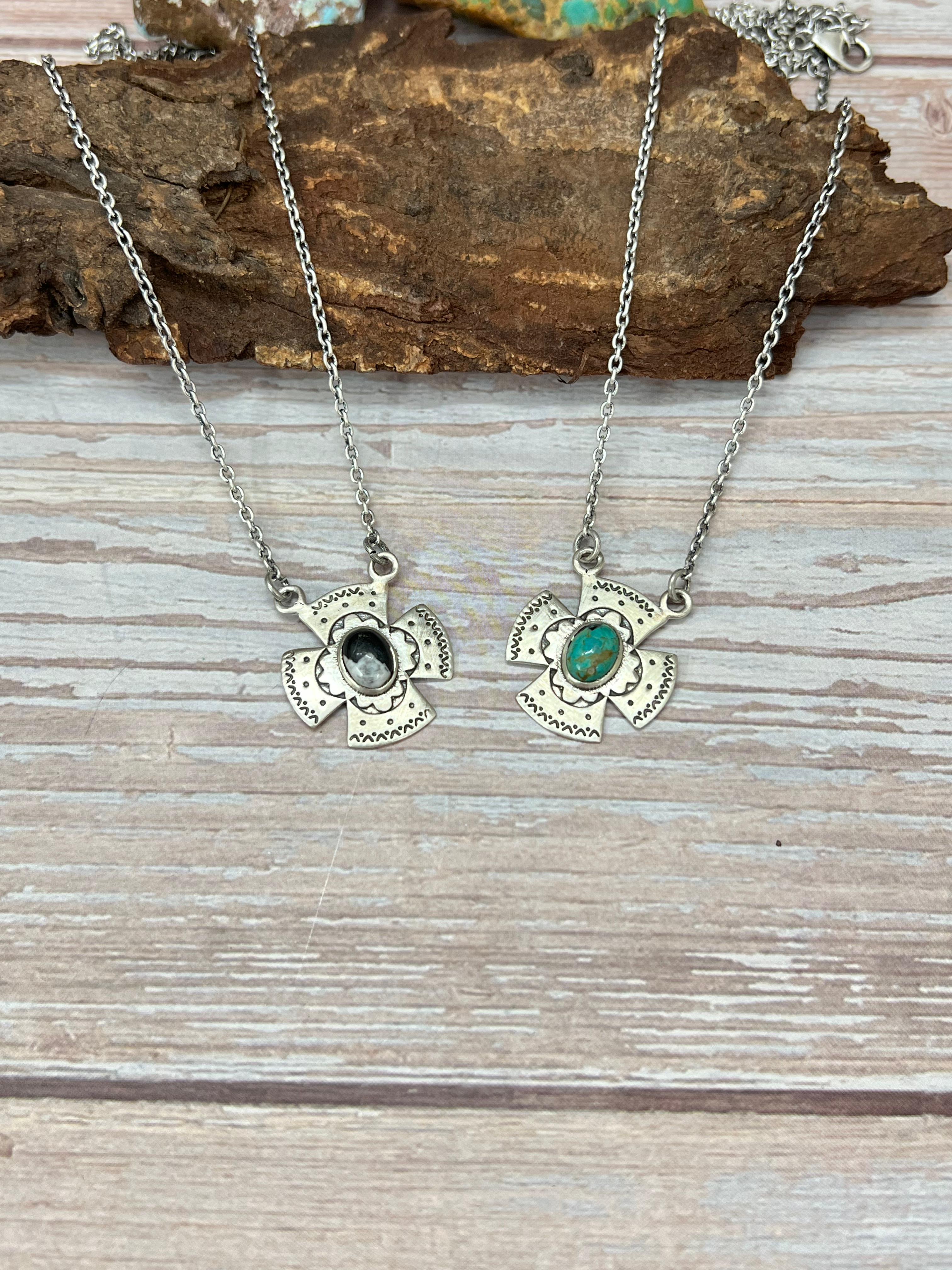 Handmade Sterling Silver Kingman Turquoise, White Buffalo Cross Necklace with Signed Nizhoni