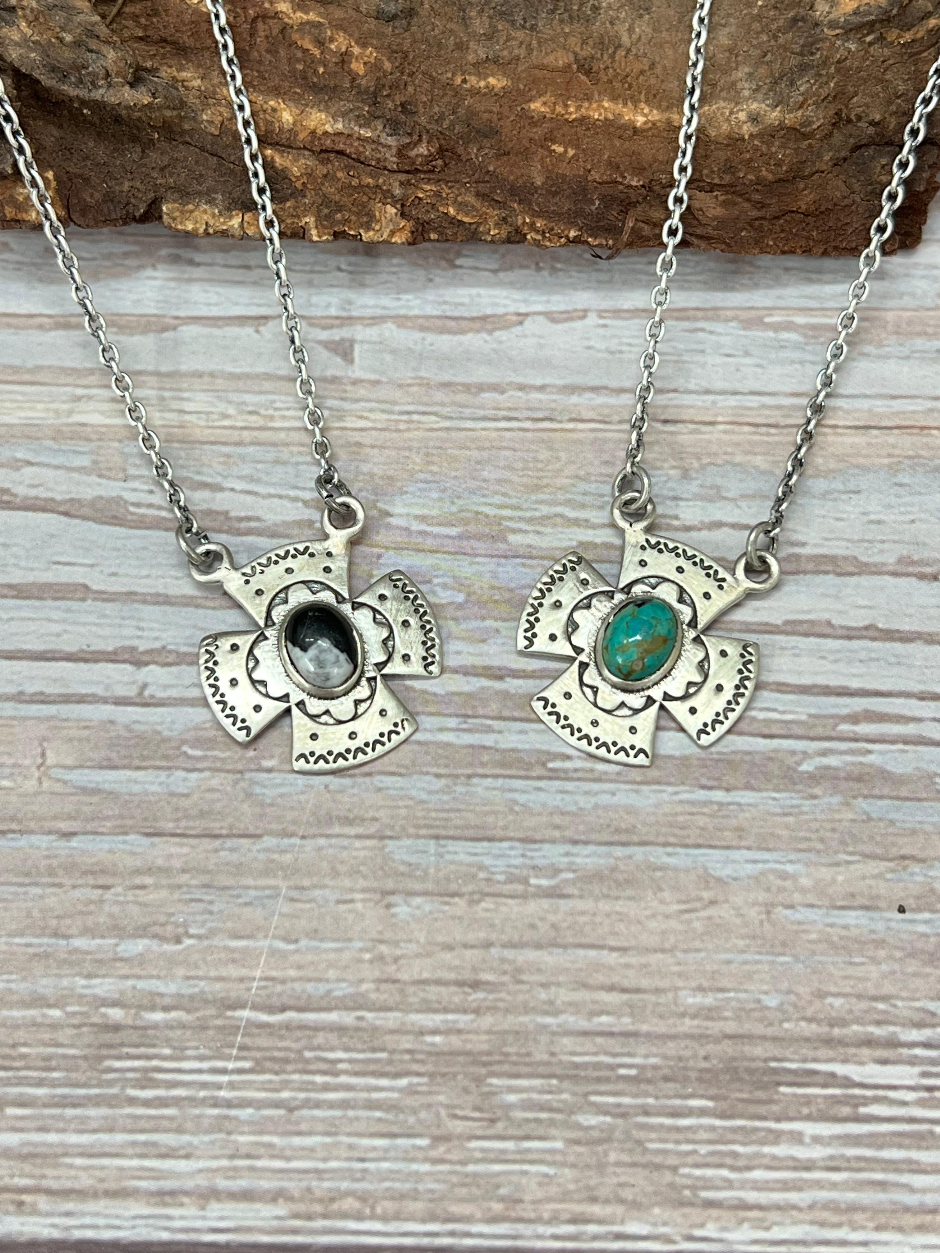 Handmade Sterling Silver Kingman Turquoise, White Buffalo Cross Necklace with Signed Nizhoni