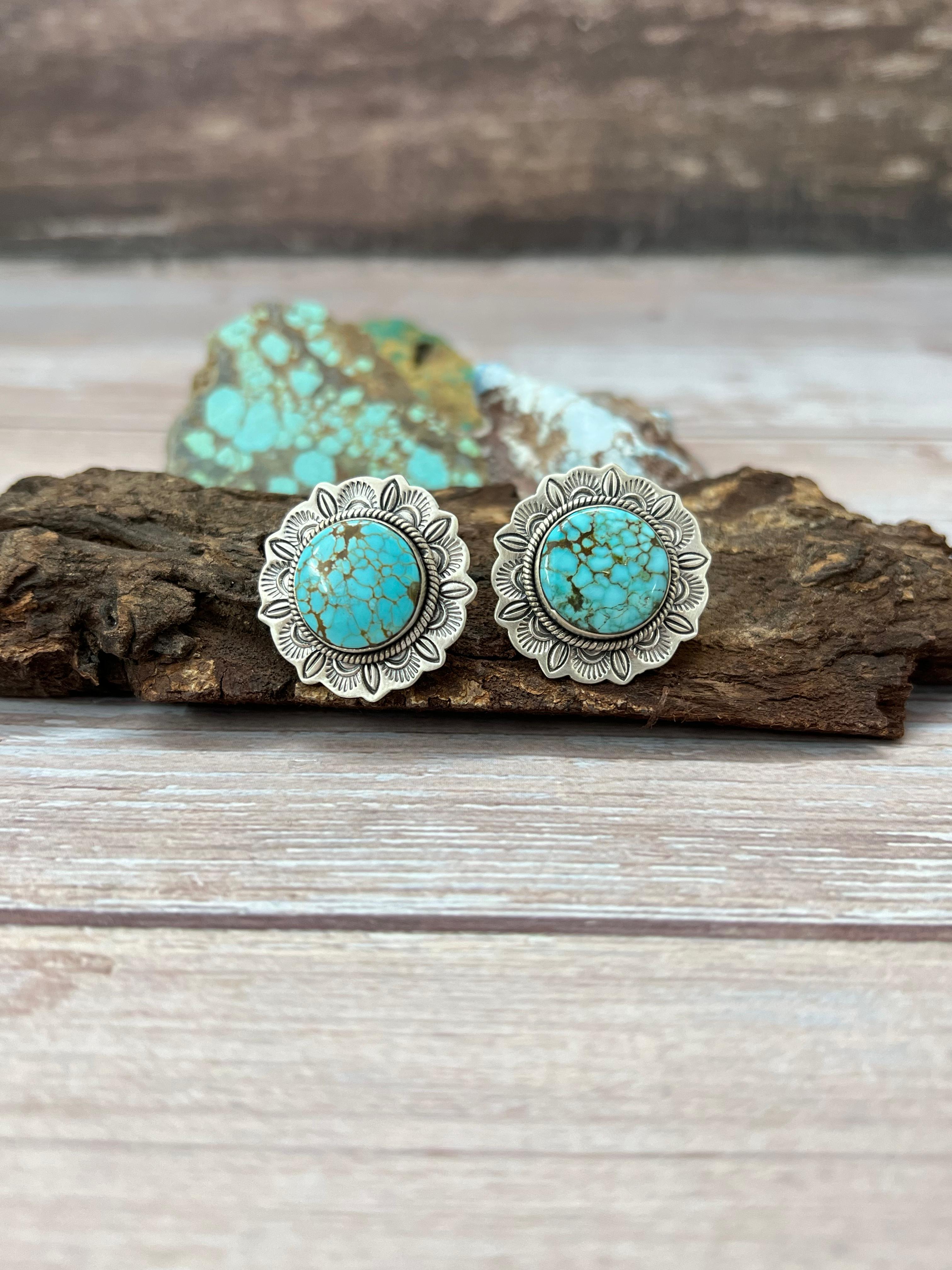 Handmade Sterling Silver Number 8 Turquoise Post Studs with Signed Nizhoni