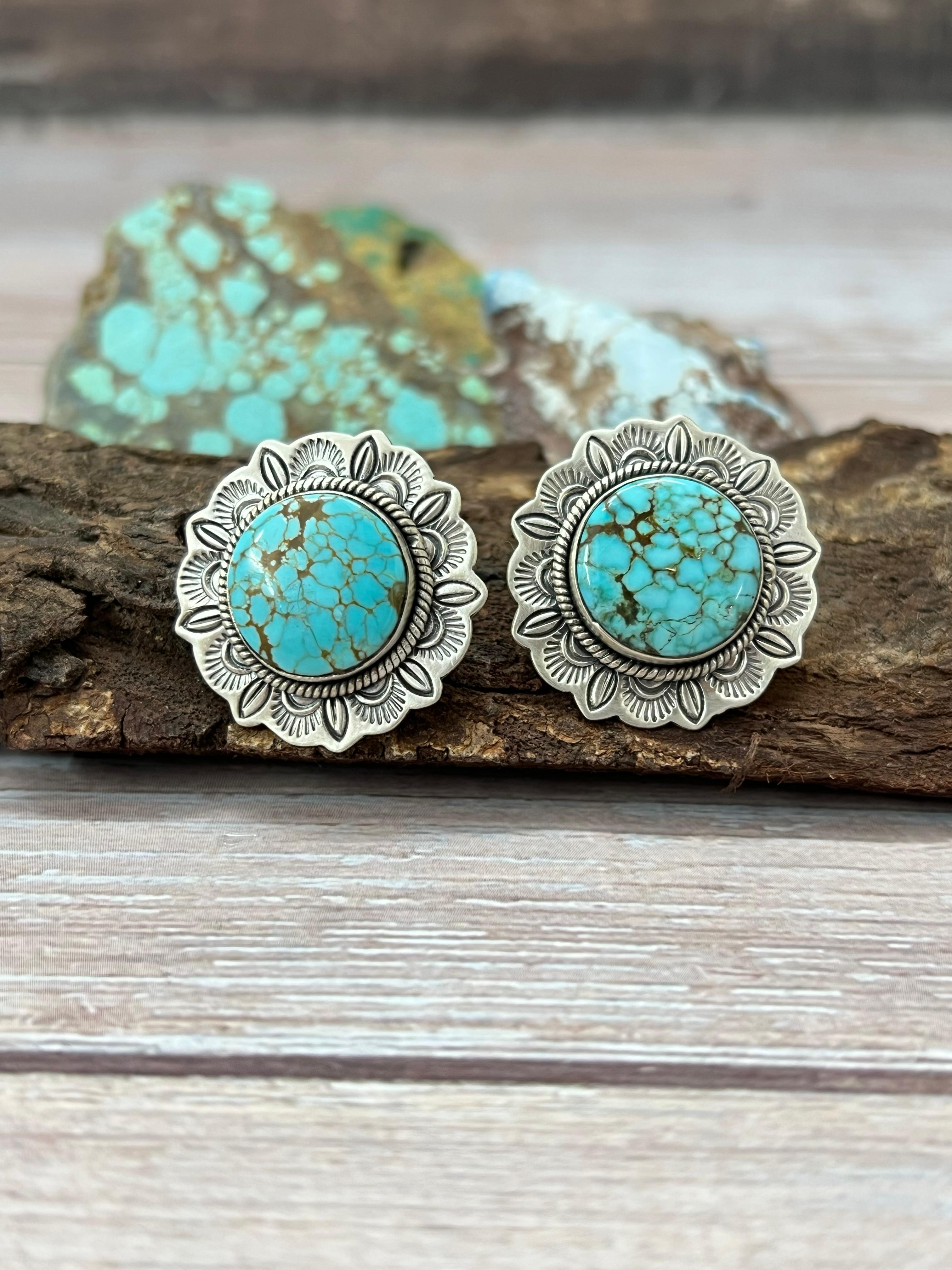 Handmade Sterling Silver Number 8 Turquoise Post Studs with Signed Nizhoni