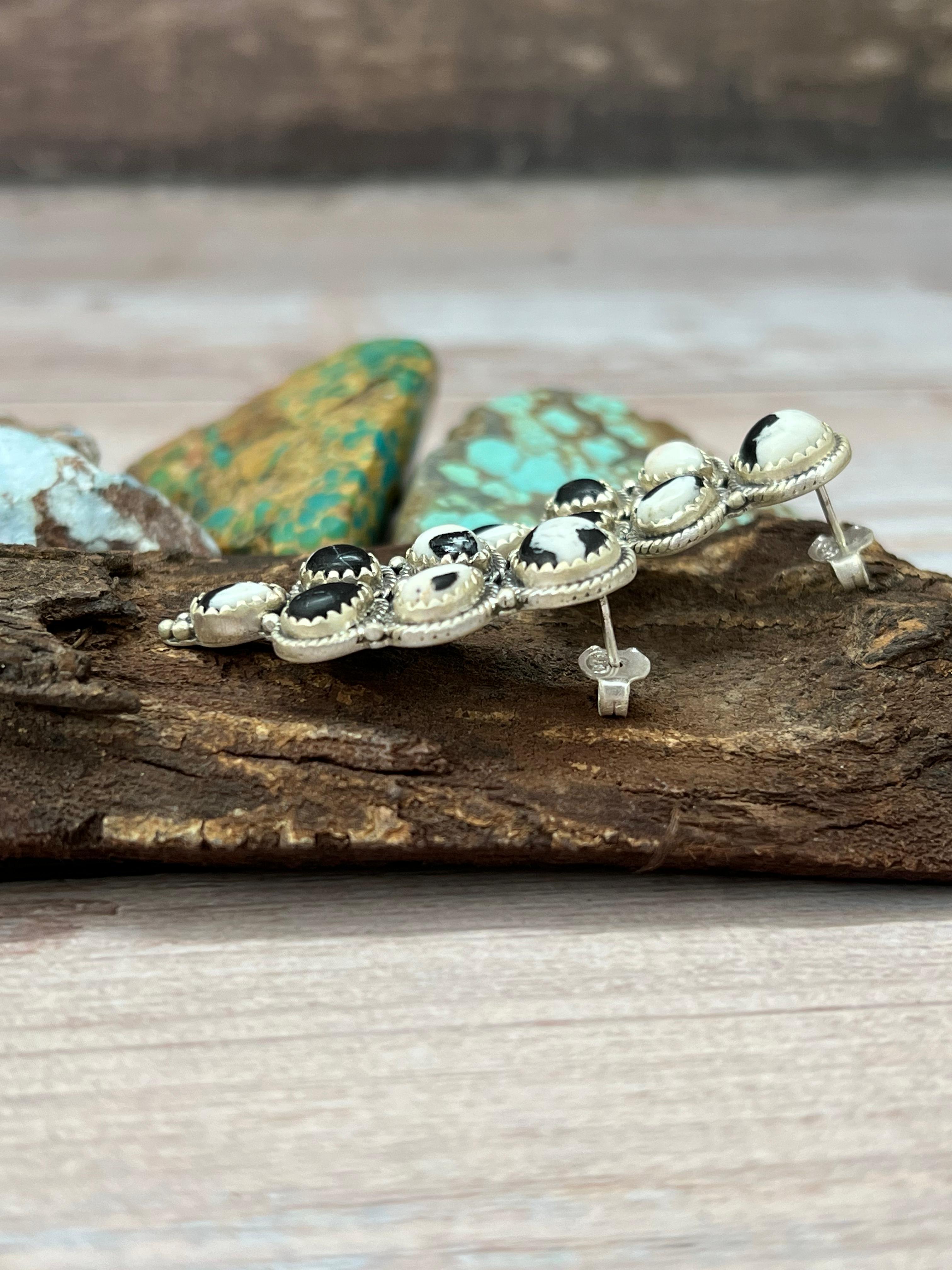 Handmade Sterling Silver White Buffalo Post Earrings with Signed Nizhoni