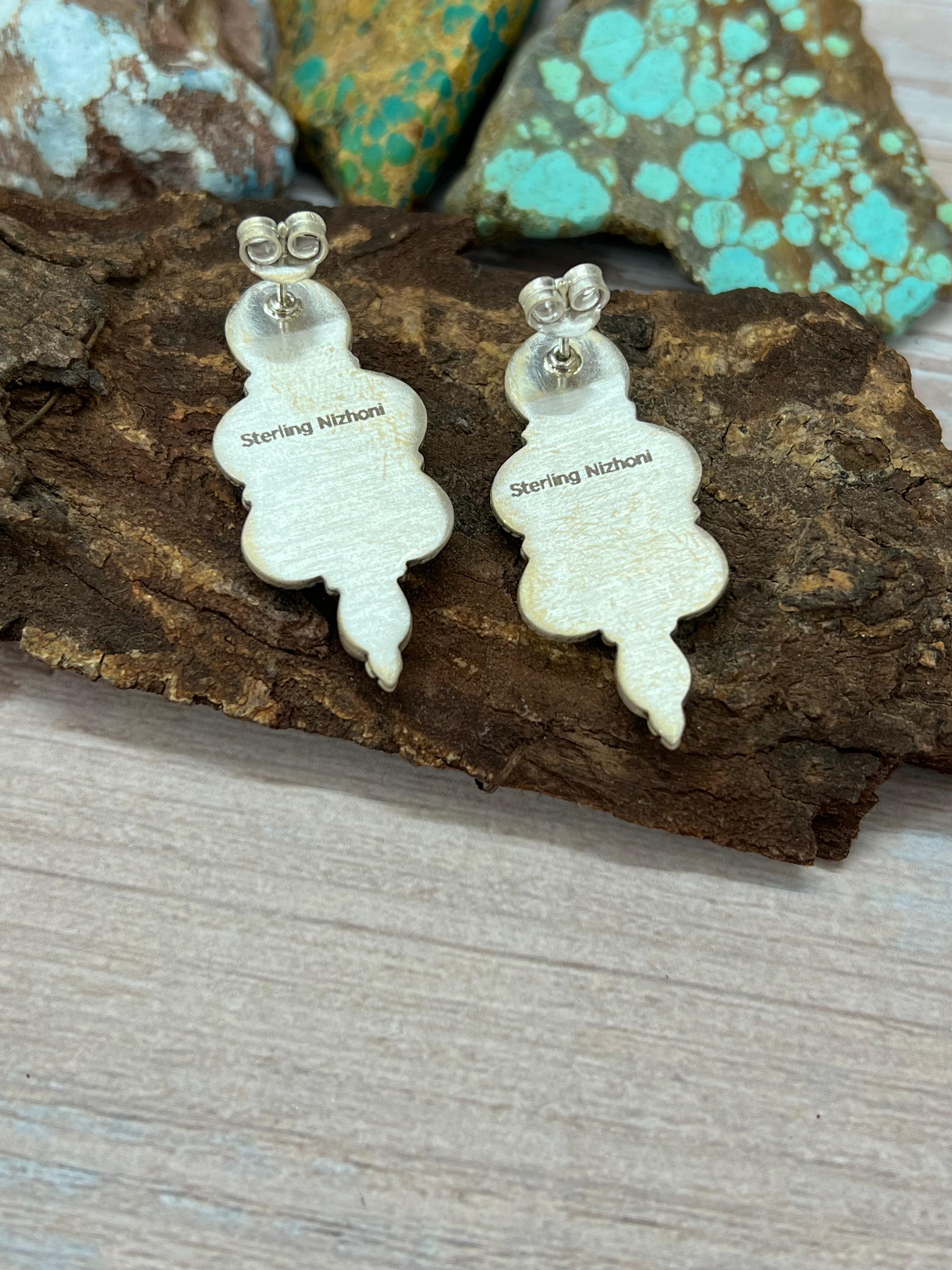 Handmade Sterling Silver White Buffalo Post Earrings with Signed Nizhoni