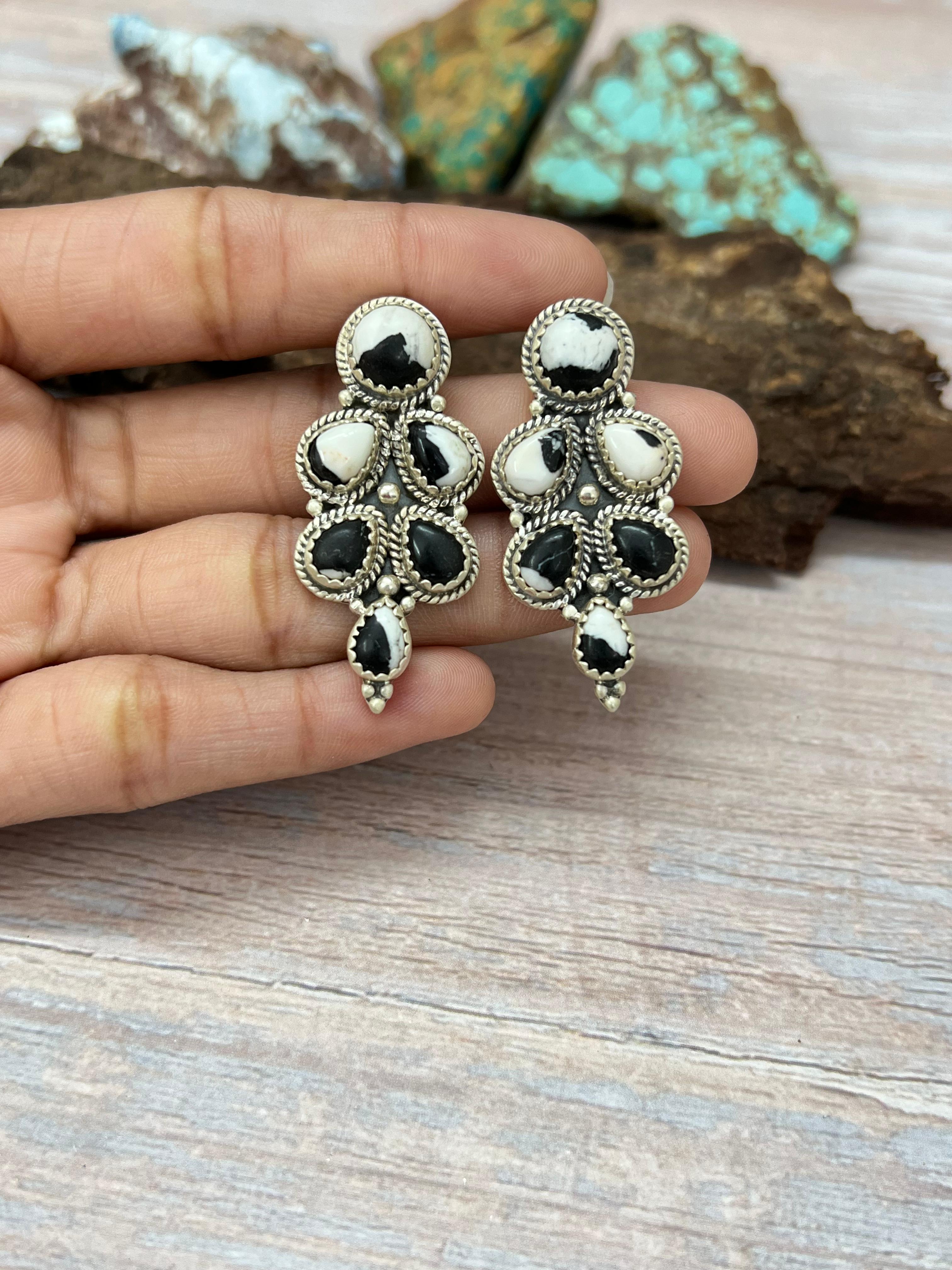 Handmade Sterling Silver White Buffalo Post Earrings with Signed Nizhoni