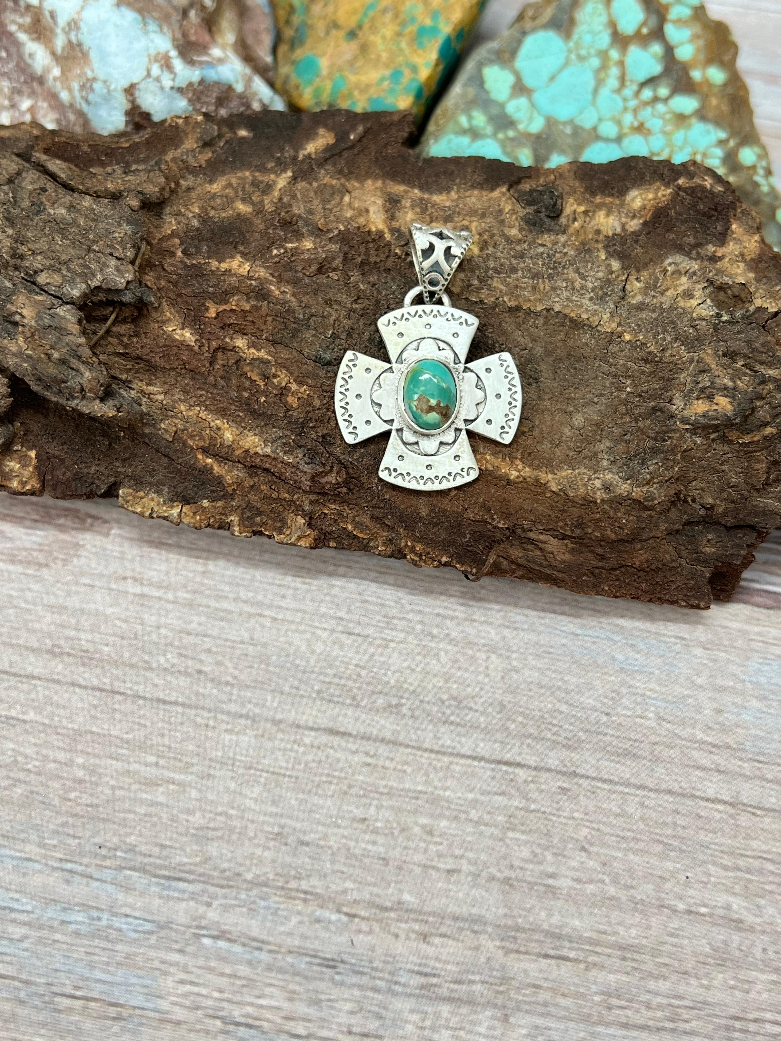 Handmade Sterling Silver Kingman Turquoise Pendant with Signed Nizhoni