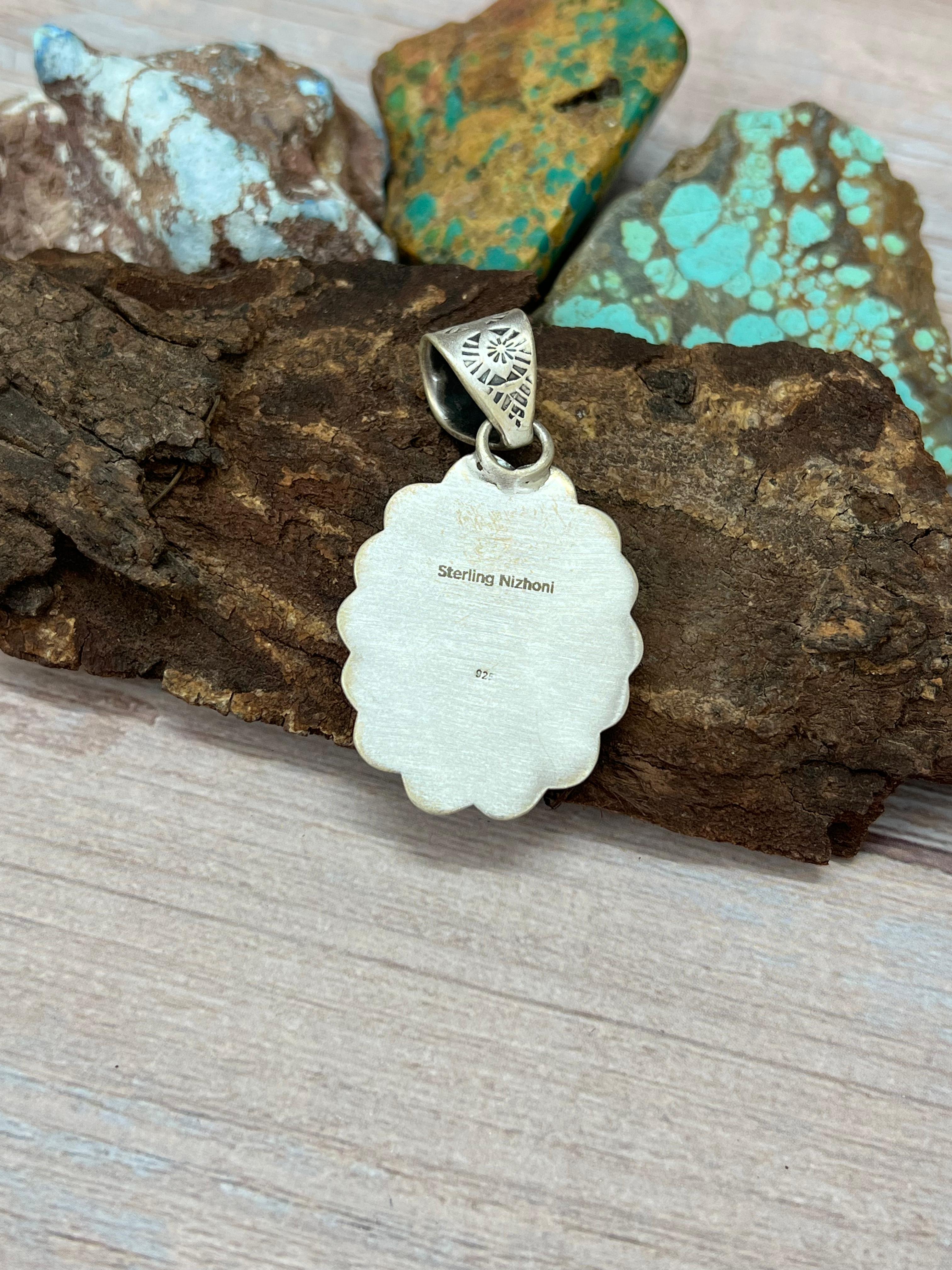 Handmade Sterling Silver Number 8 Turquoise Pendant with Signed Nizhoni