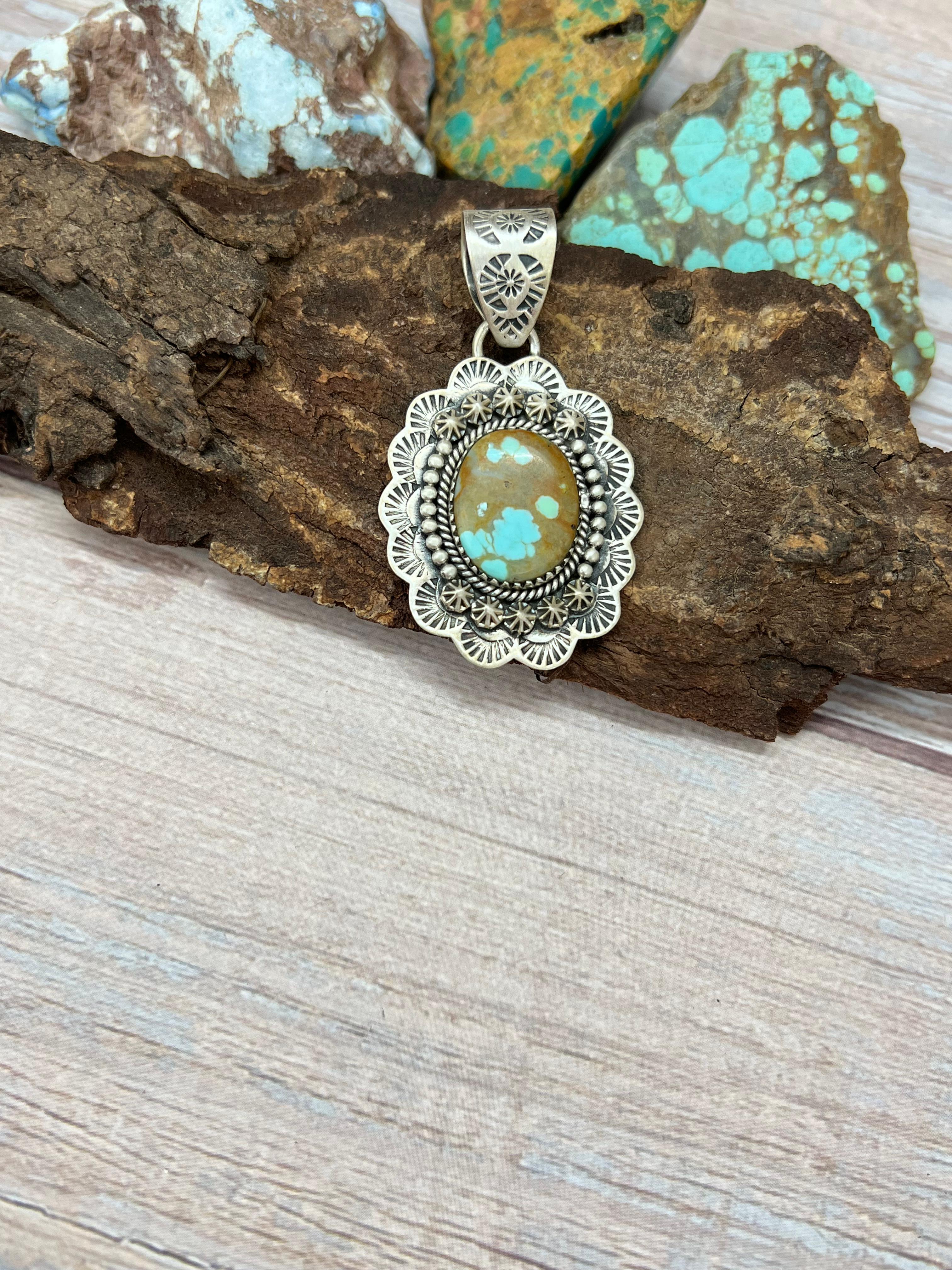 Handmade Sterling Silver Number 8 Turquoise Pendant with Signed Nizhoni