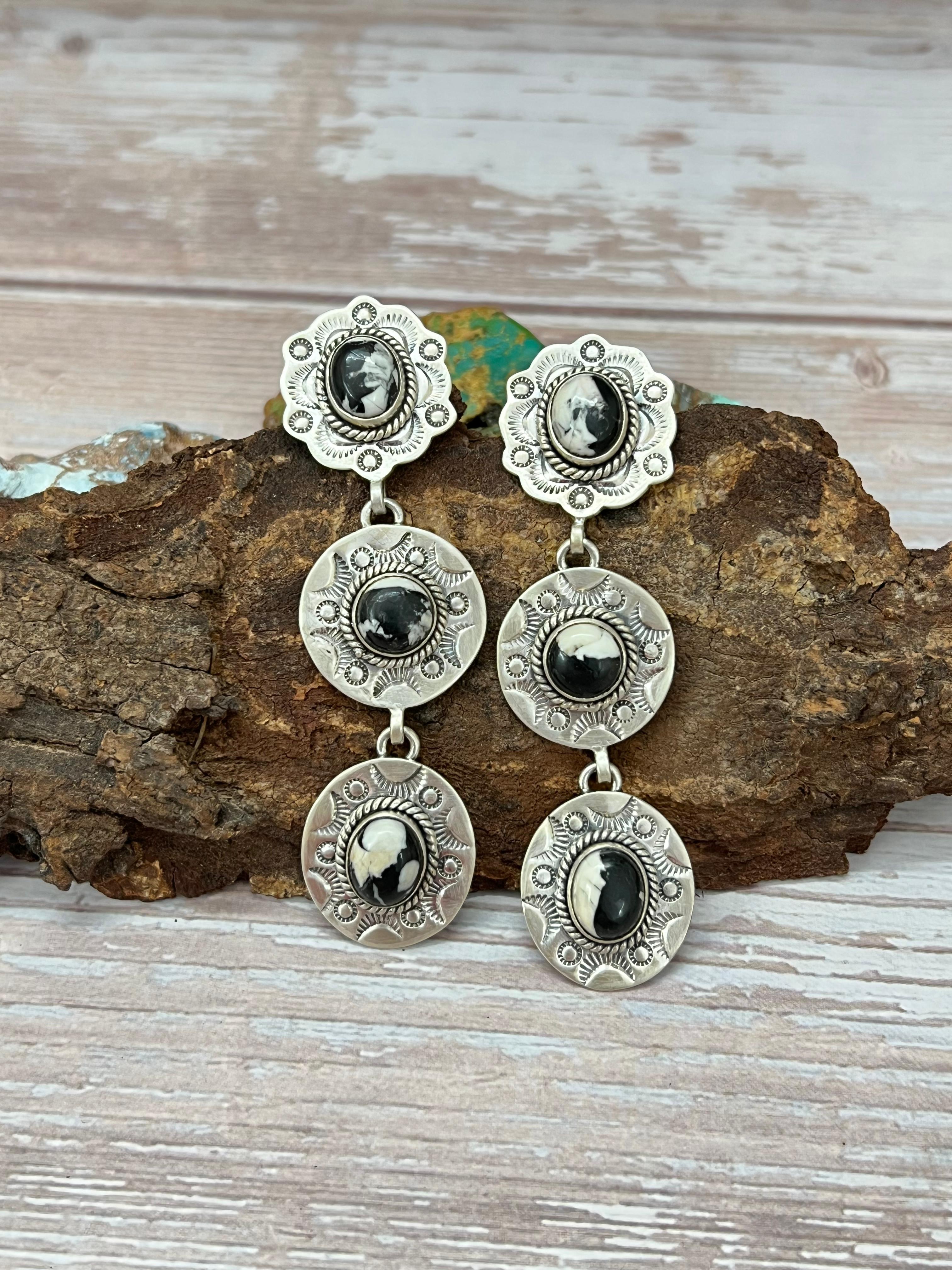 Handmade Sterling Silver White Buffalo Post Dangle Earrings with Signed Nizhoni