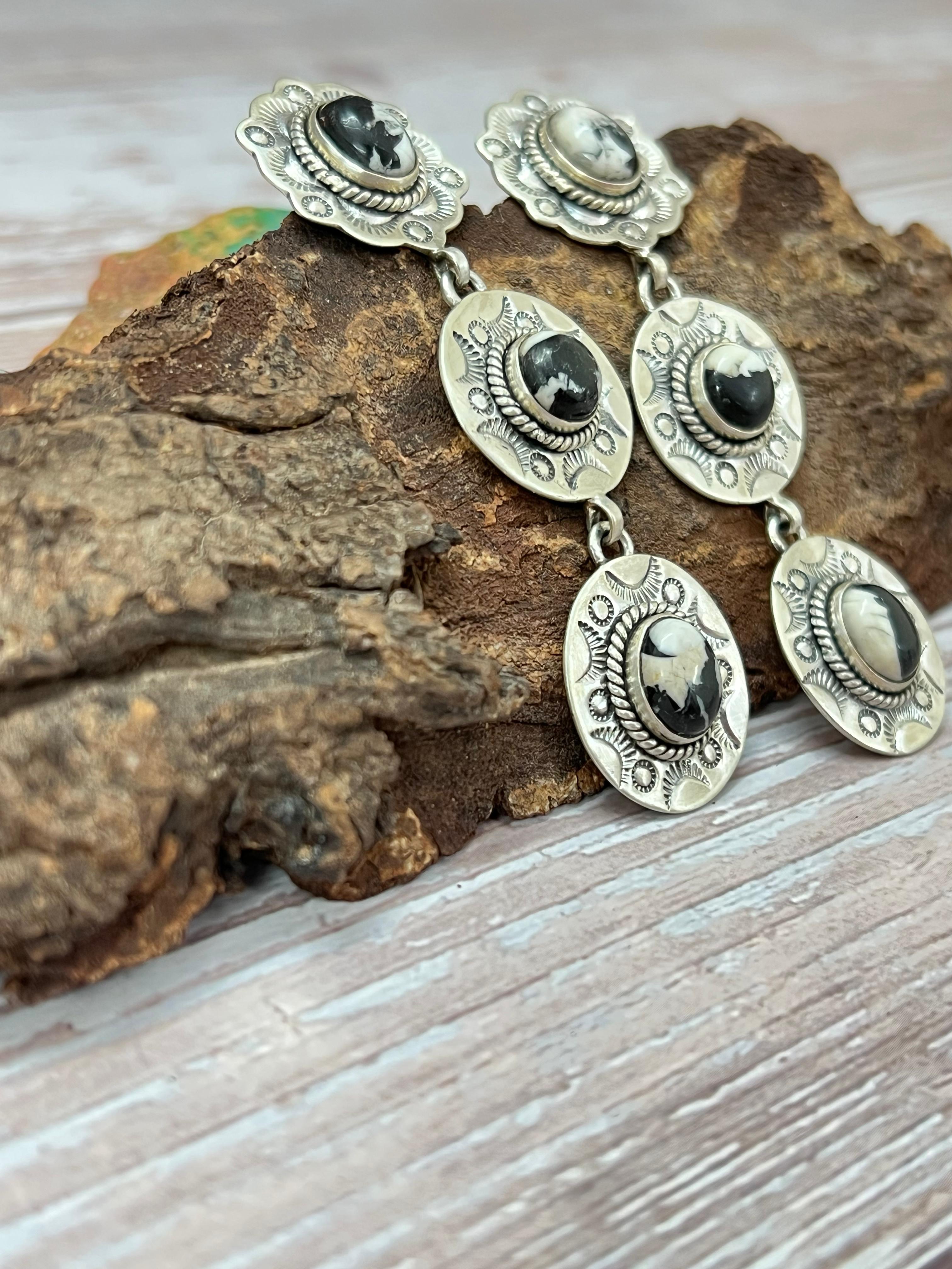 Handmade Sterling Silver White Buffalo Post Dangle Earrings with Signed Nizhoni