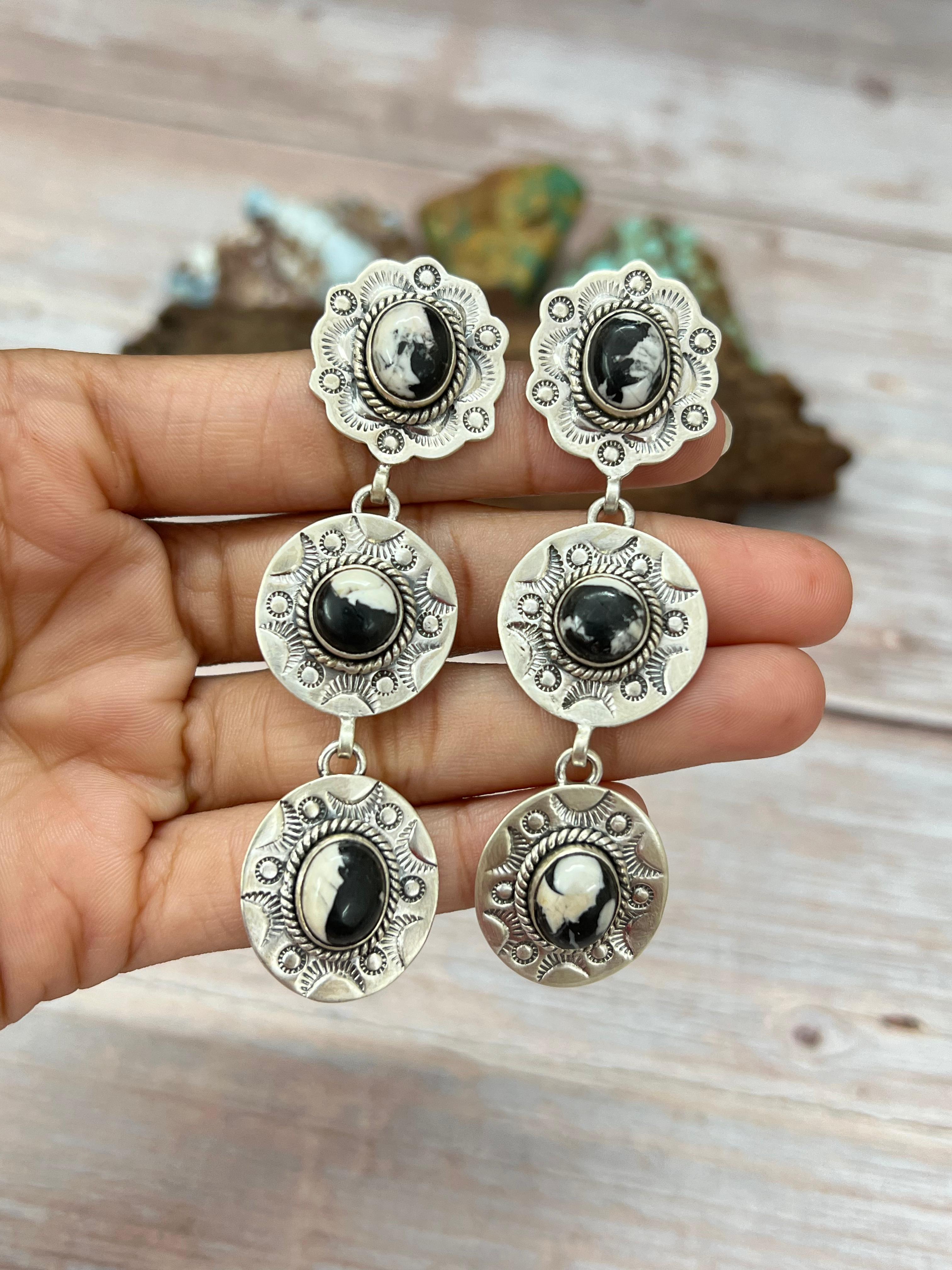 Handmade Sterling Silver White Buffalo Post Dangle Earrings with Signed Nizhoni