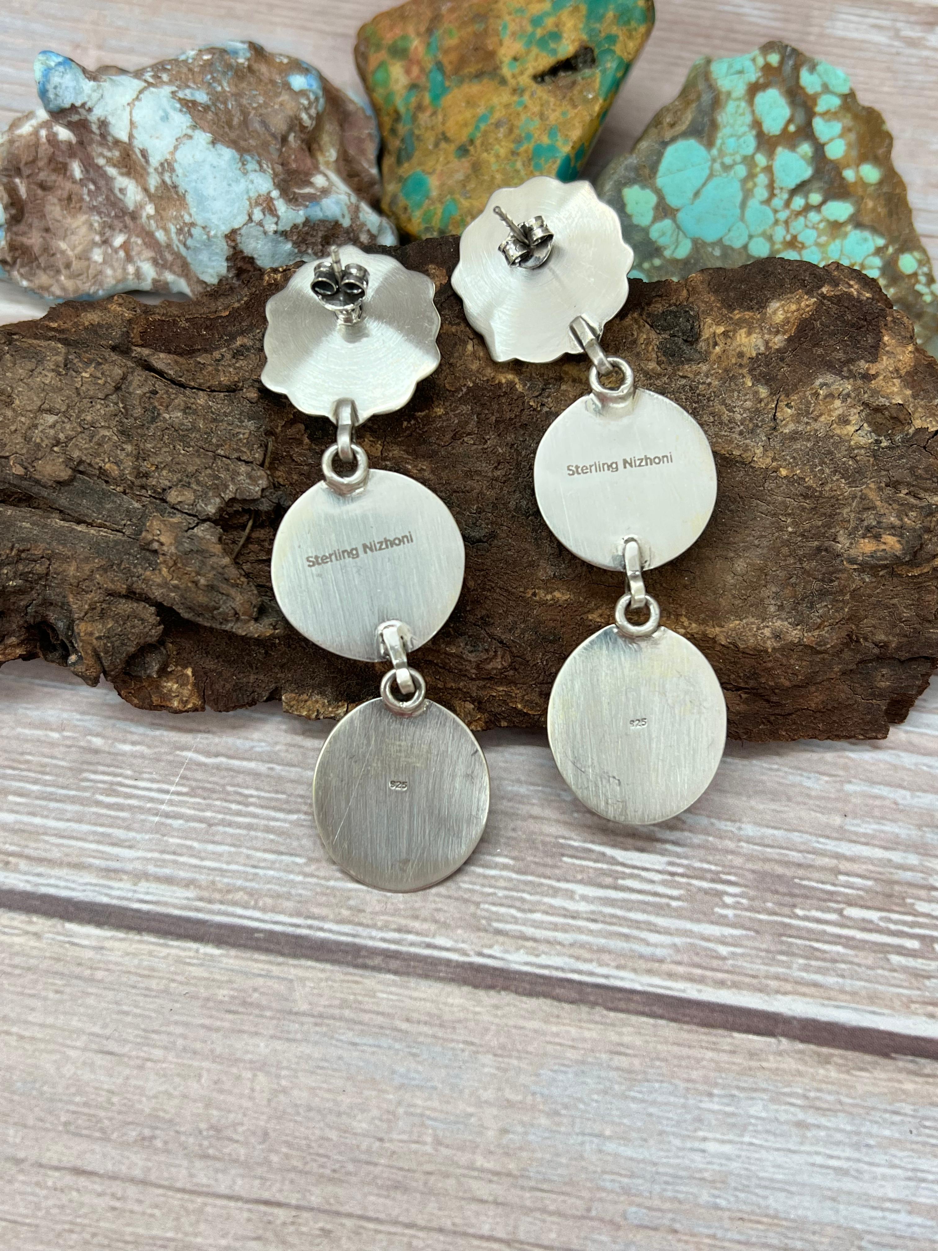 Handmade Sterling Silver White Buffalo Post Dangle Earrings with Signed Nizhoni
