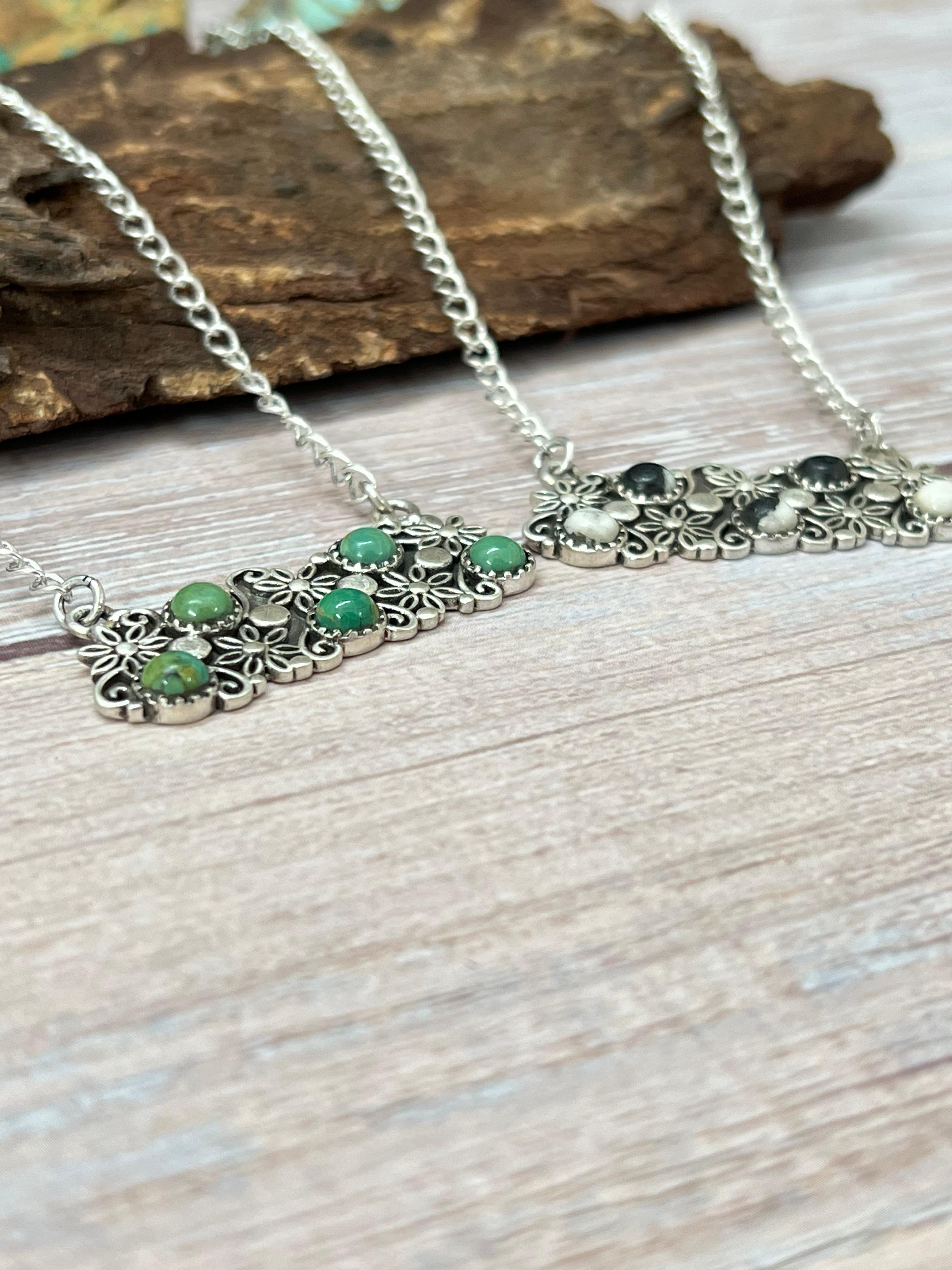 Handmade Sterling Silver Kingman Turquoise, White Buffalo Necklace with Signed Nizhoni