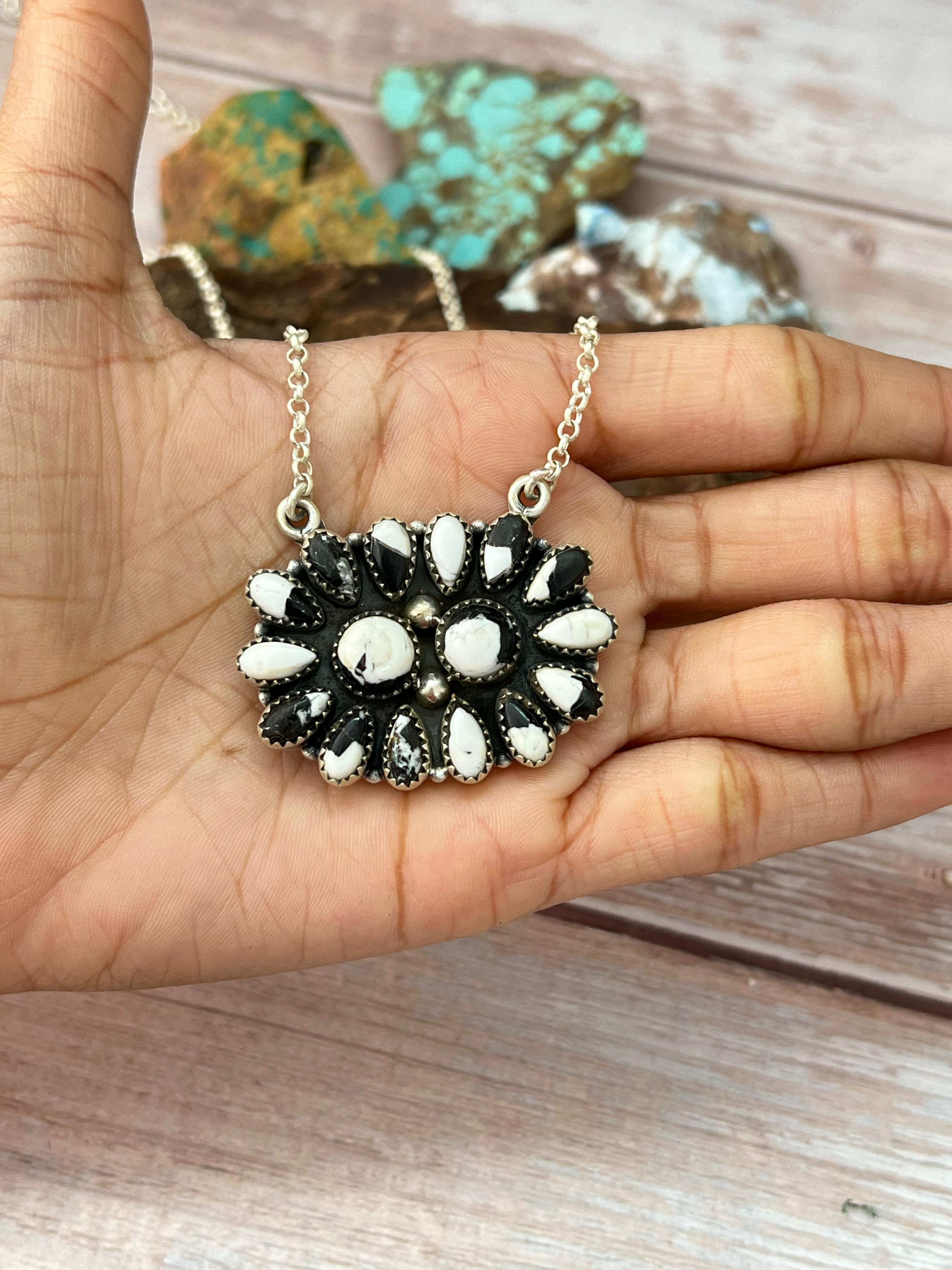 Handmade Sterling Silver White Buffalo Necklace with Signed Nizhoni