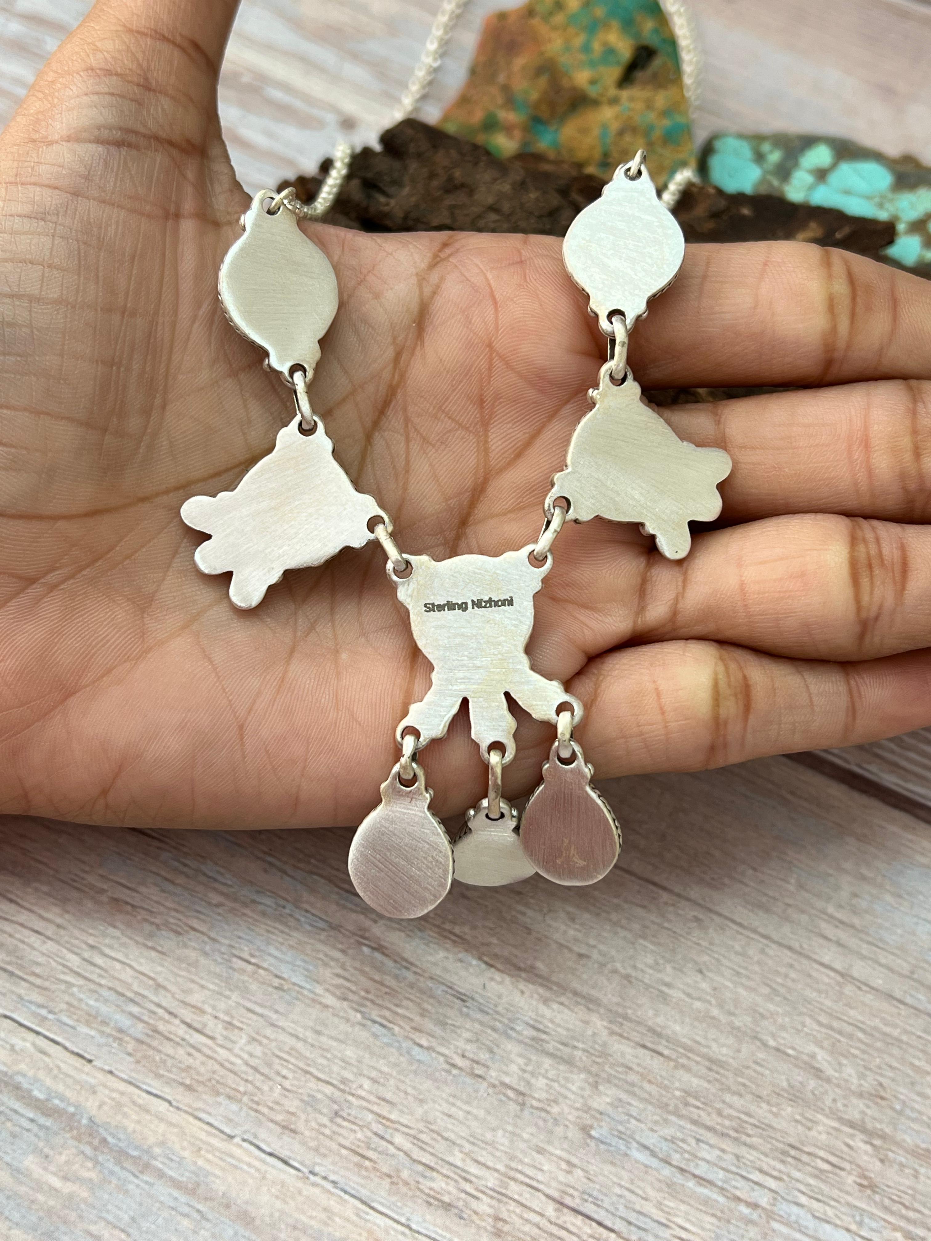 Handmade Sterling Silver Kingman Turquoise Necklace with Signed Nizhoni