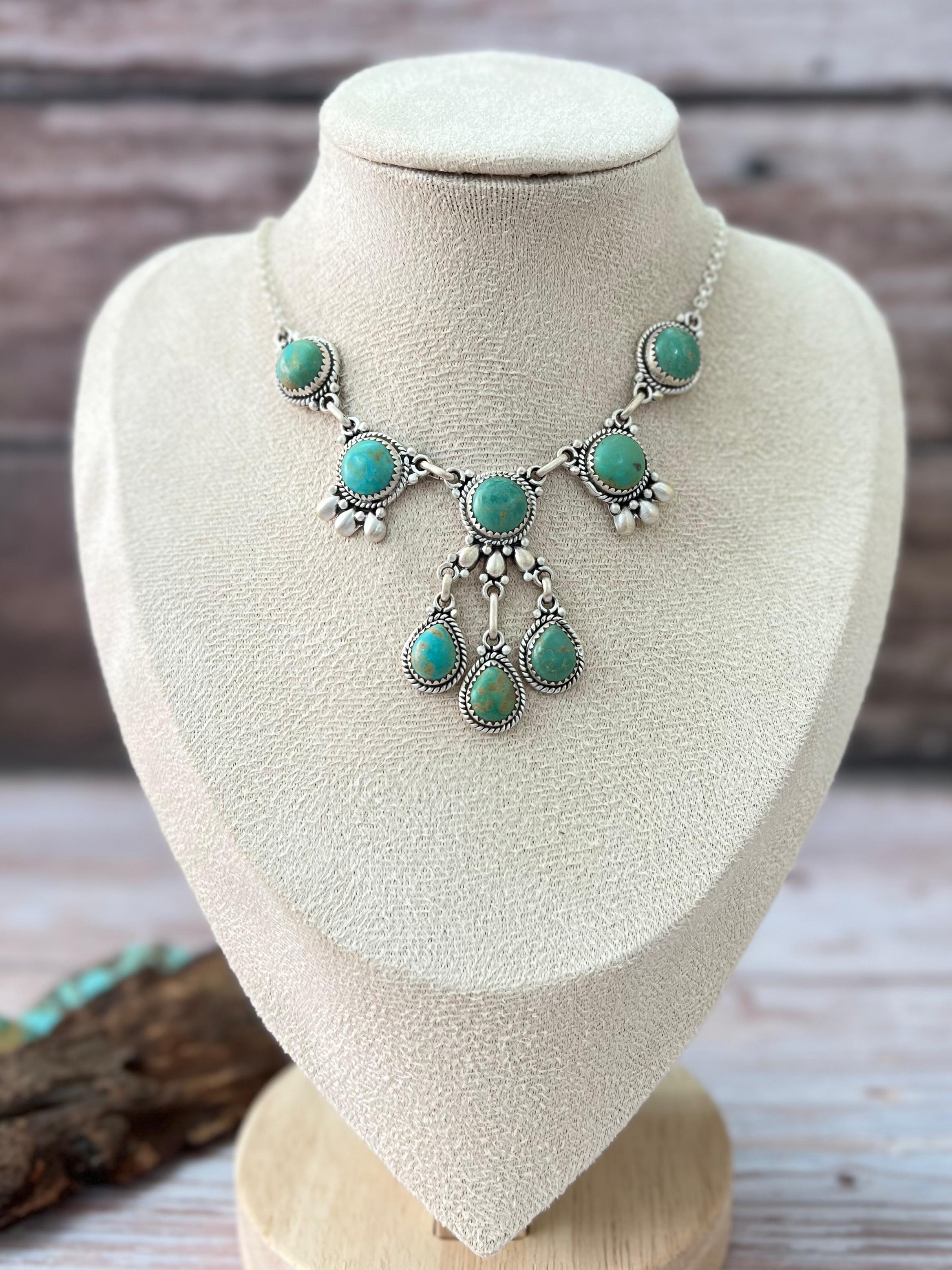 Handmade Sterling Silver Kingman Turquoise Necklace with Signed Nizhoni