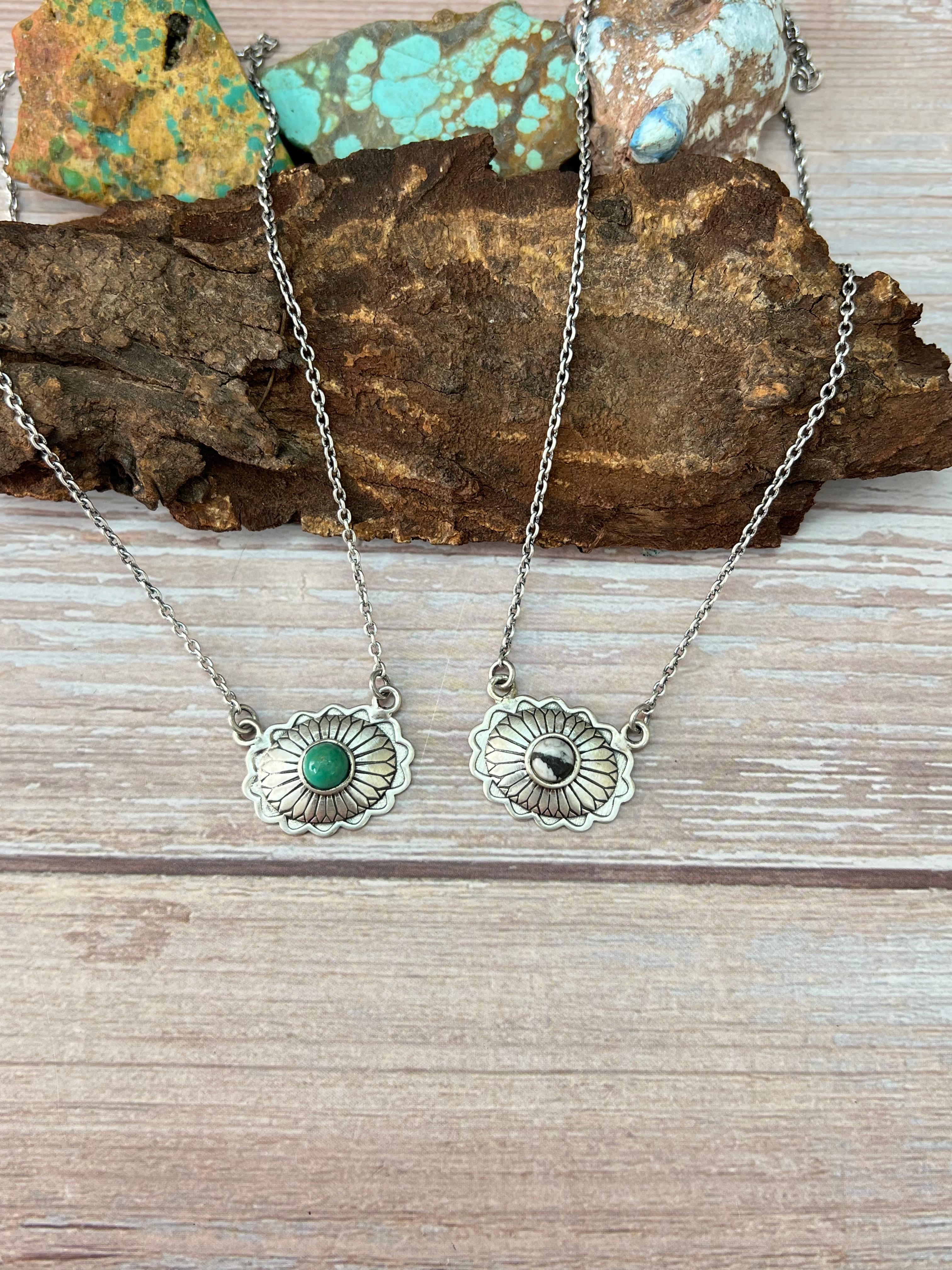 Handmade Sterling Silver Kingman Turquoise, White Buffalo Necklace with Signed Nizhoni