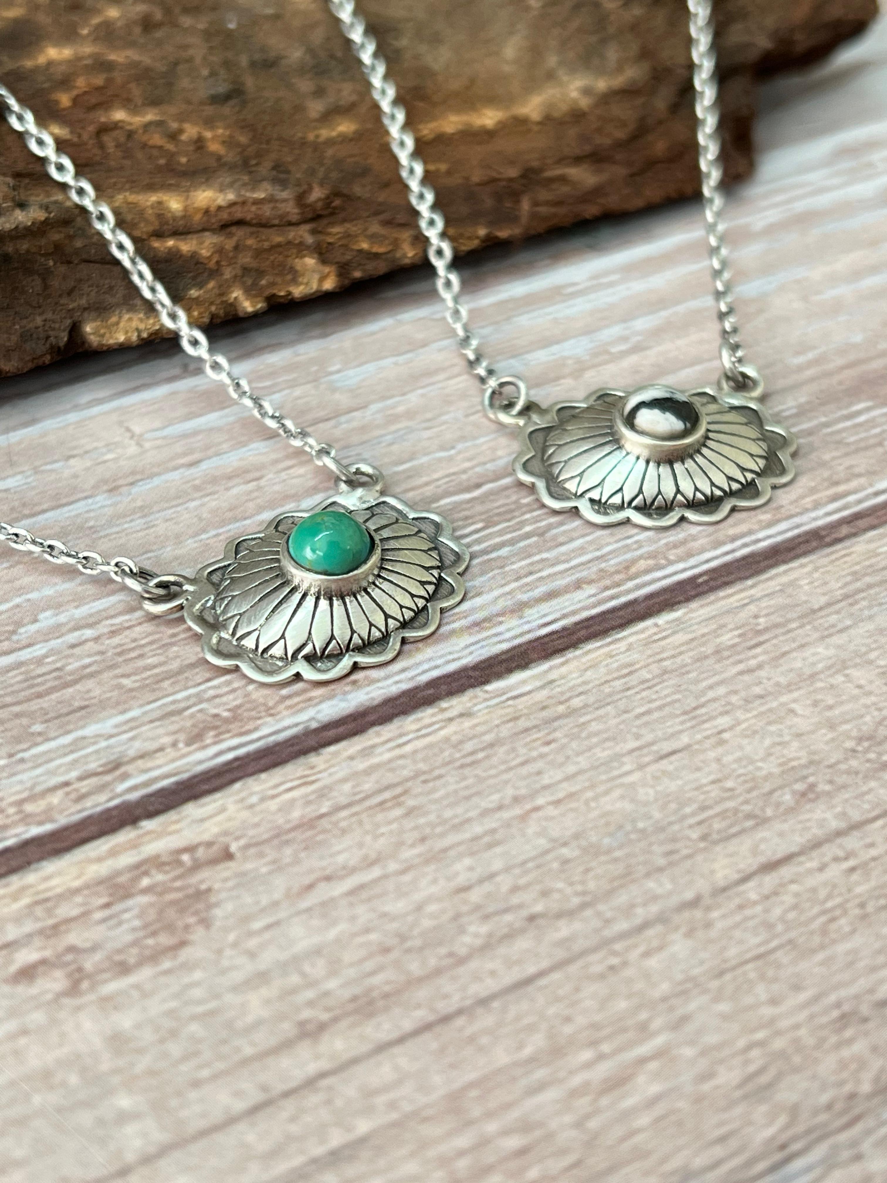 Handmade Sterling Silver Kingman Turquoise, White Buffalo Necklace with Signed Nizhoni