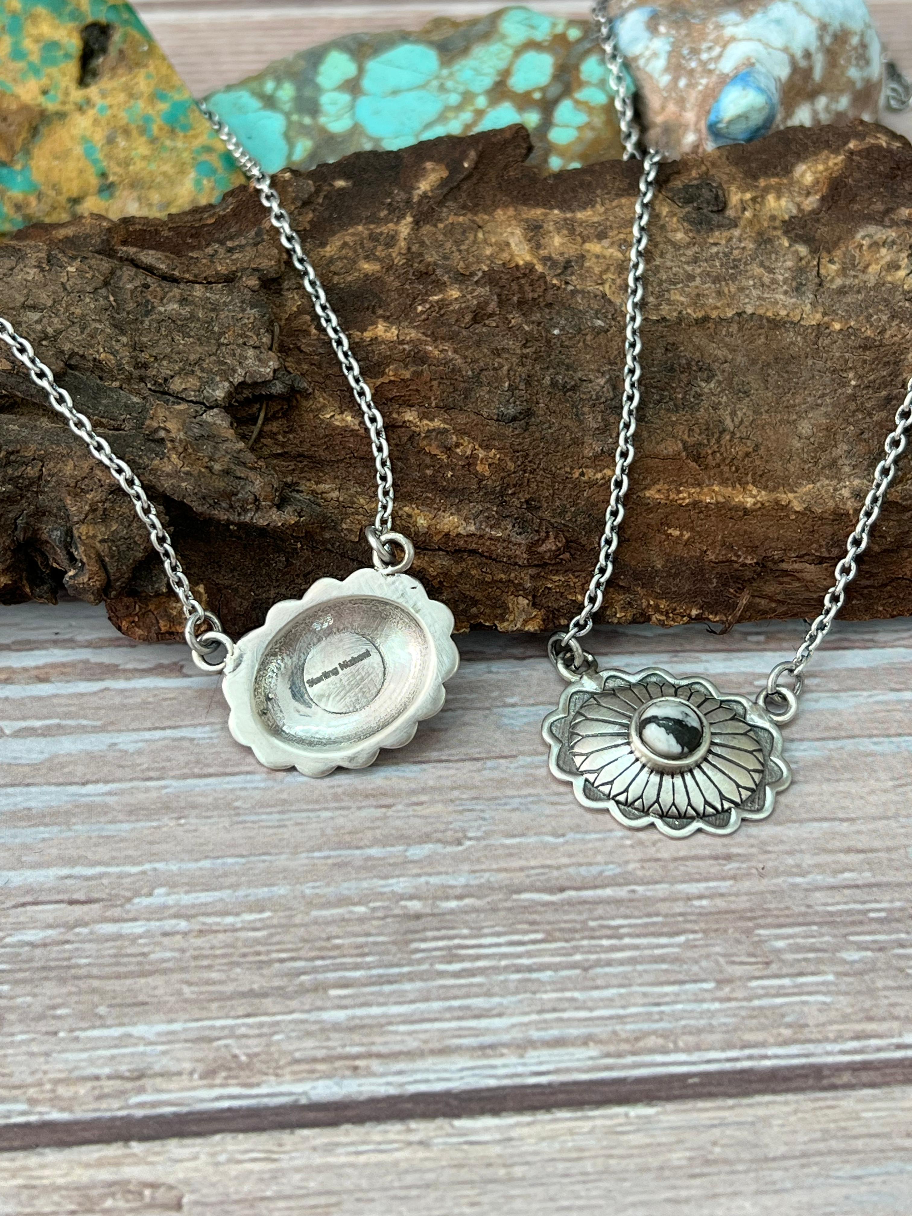 Handmade Sterling Silver Kingman Turquoise, White Buffalo Necklace with Signed Nizhoni