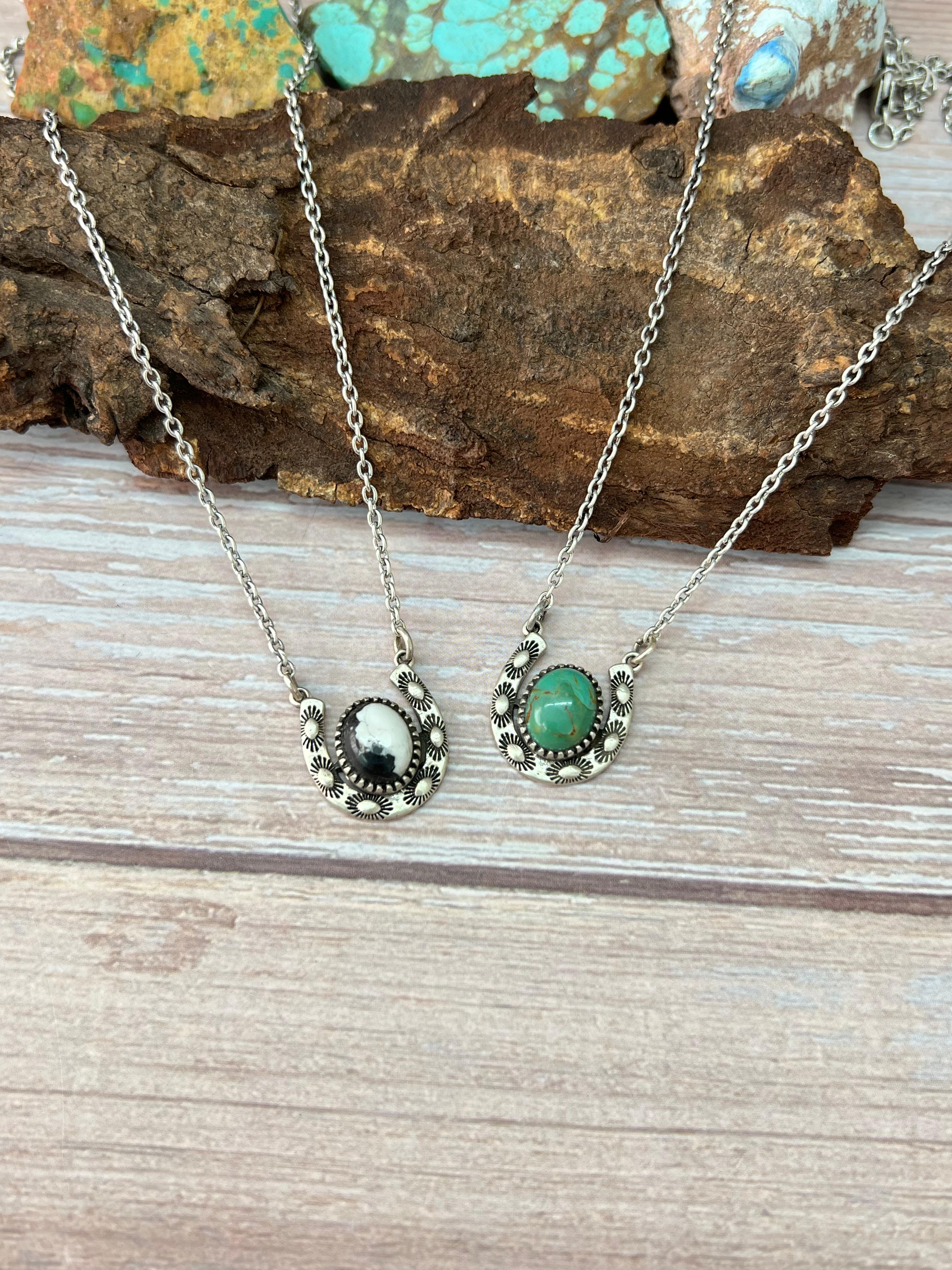 Handmade Sterling Silver Kingman Turquoise, White Buffalo Horse Shoe Necklace with Signed Nizhoni