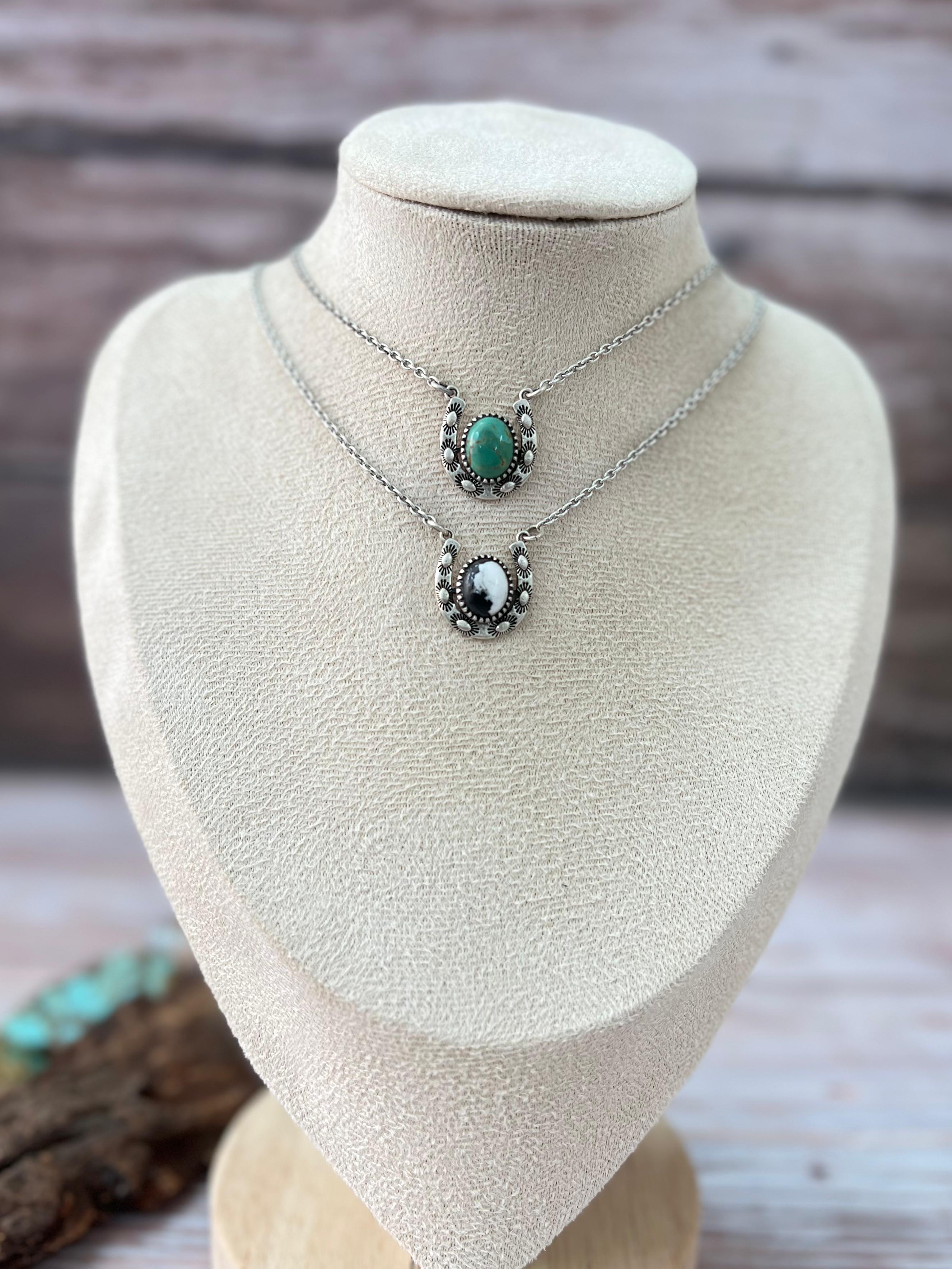 Handmade Sterling Silver Kingman Turquoise, White Buffalo Horse Shoe Necklace with Signed Nizhoni