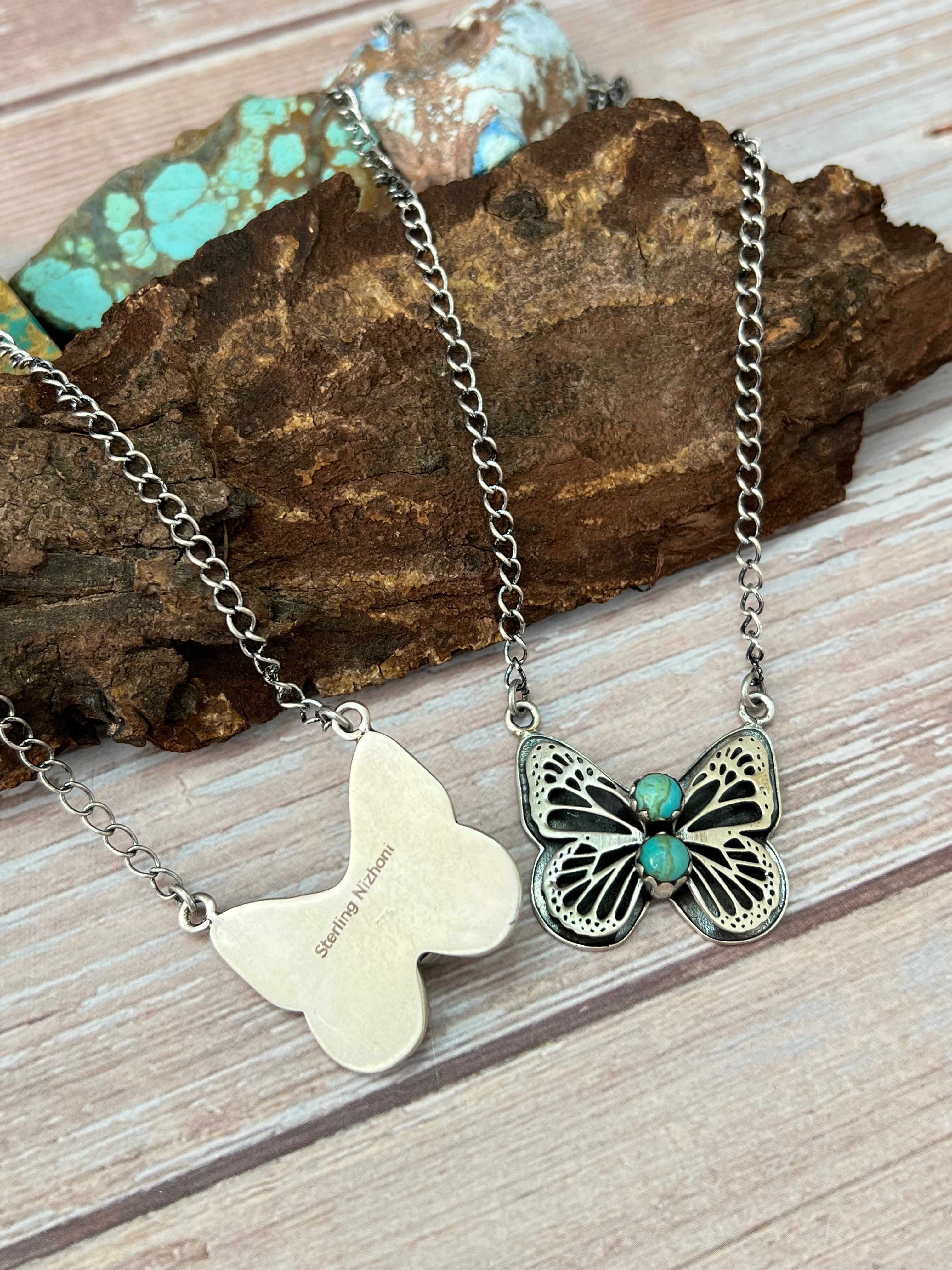 Handmade Sterling Silver Kingman Turquoise, White Buffalo Butterfly Necklace with Signed Nizhoni
