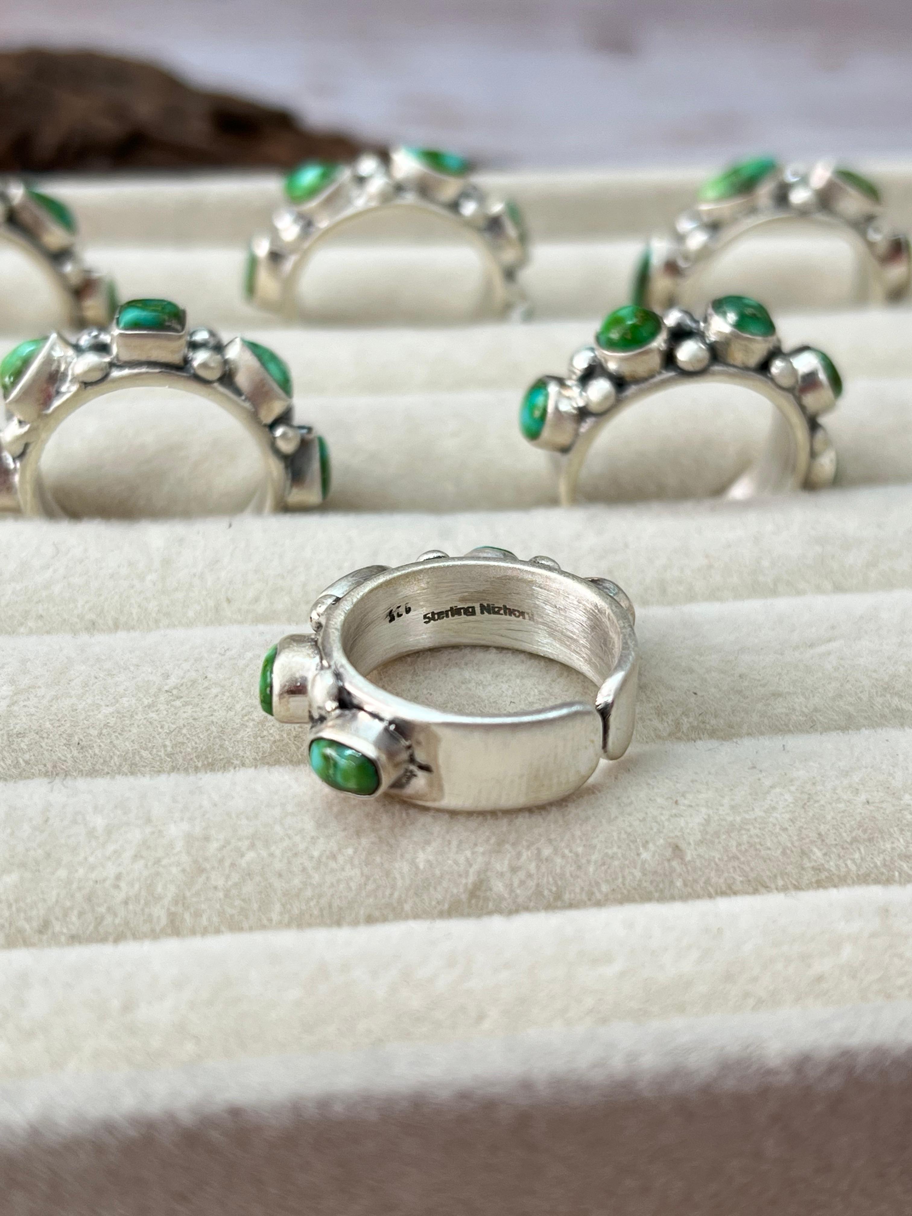 Handmade Sterling Silver Sonoran Mountain Turquoise Adjustable Rings with Signed Nizhoni