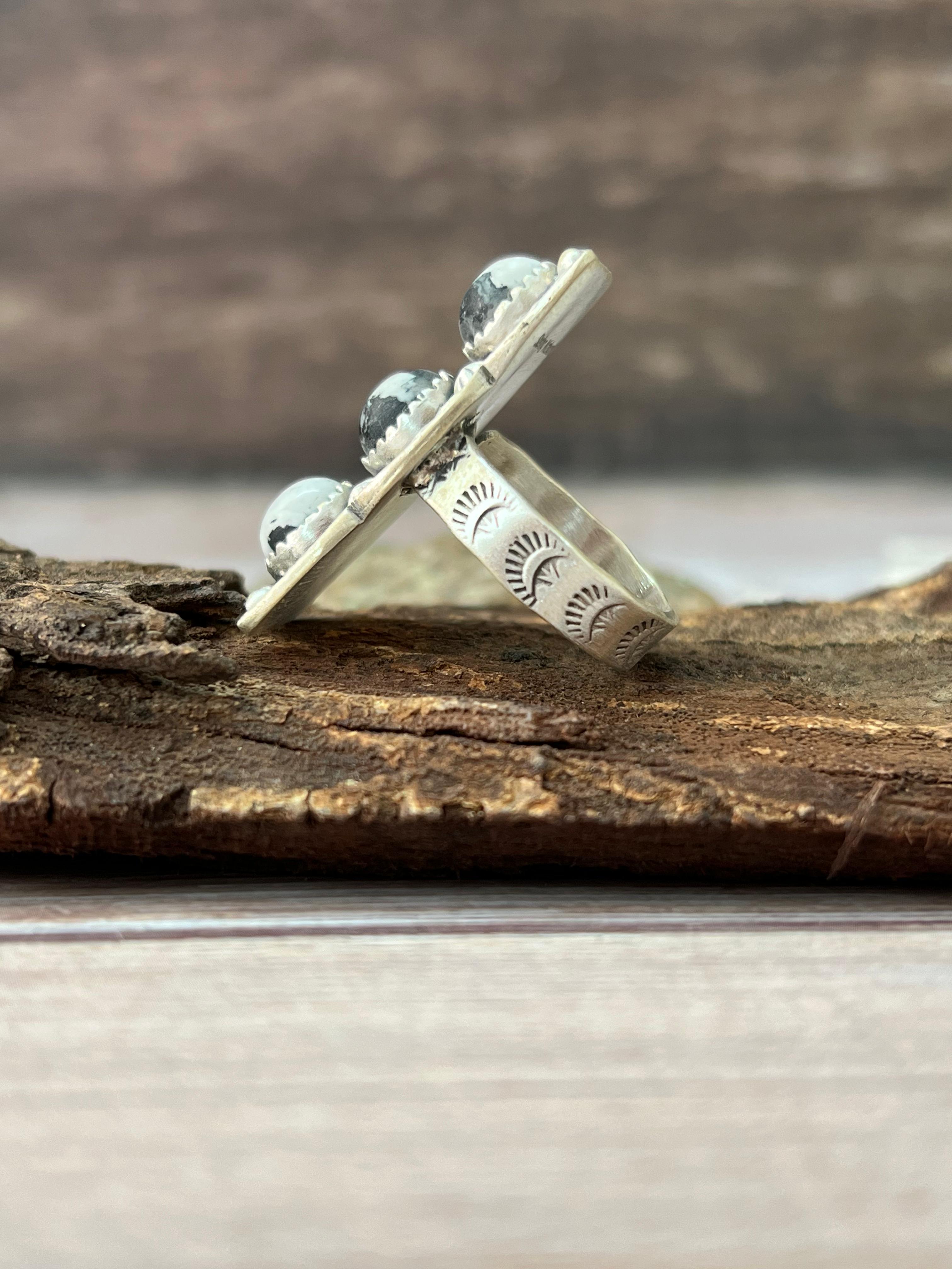 Handmade Sterling Silver White Buffalo Adjustable Rings with Signed Nizhoni