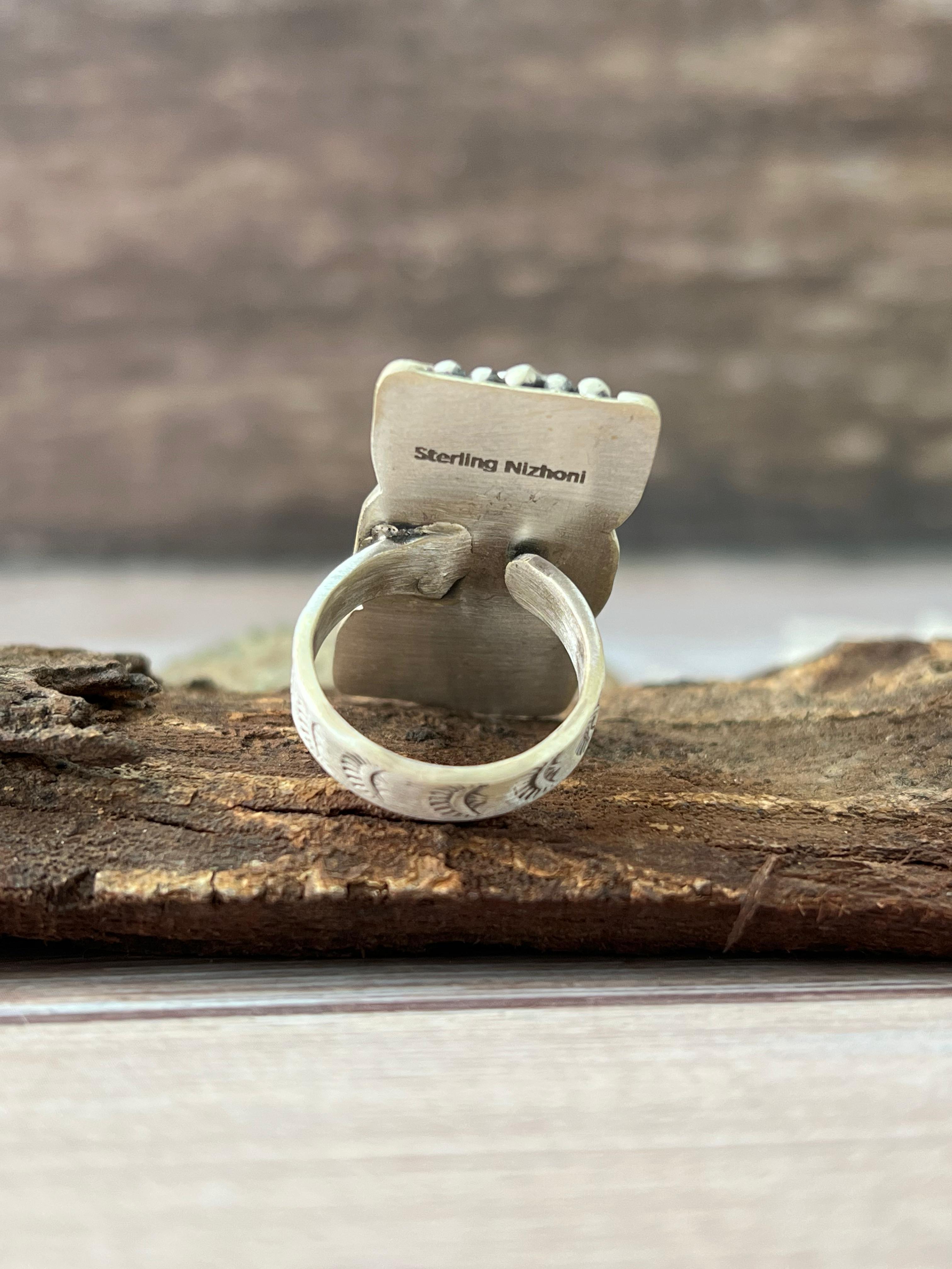 Handmade Sterling Silver White Buffalo Adjustable Rings with Signed Nizhoni