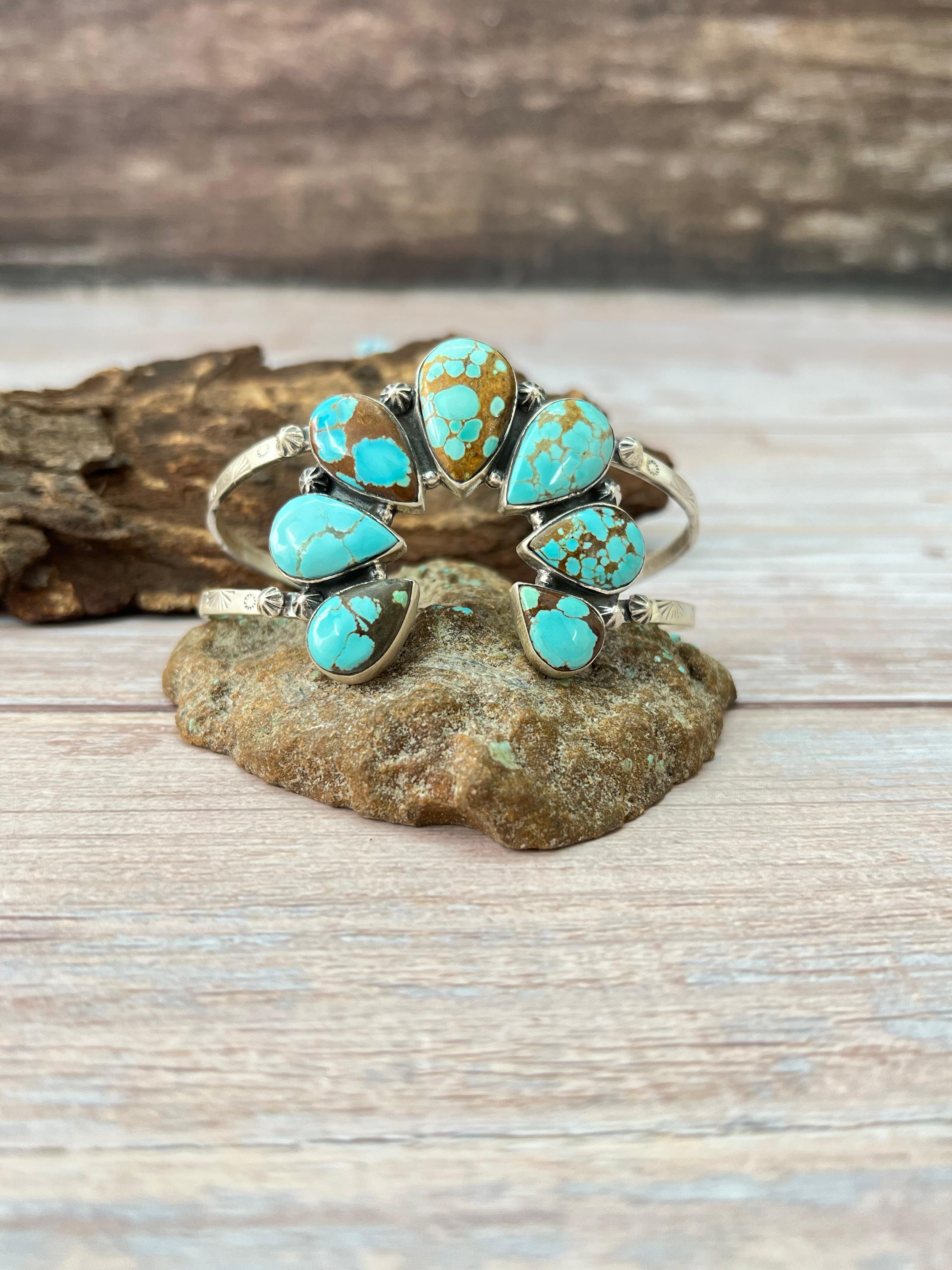 Handmade Sterling Silver Number 8 Turquoise Naja Bracelet with Signed Nizhoni