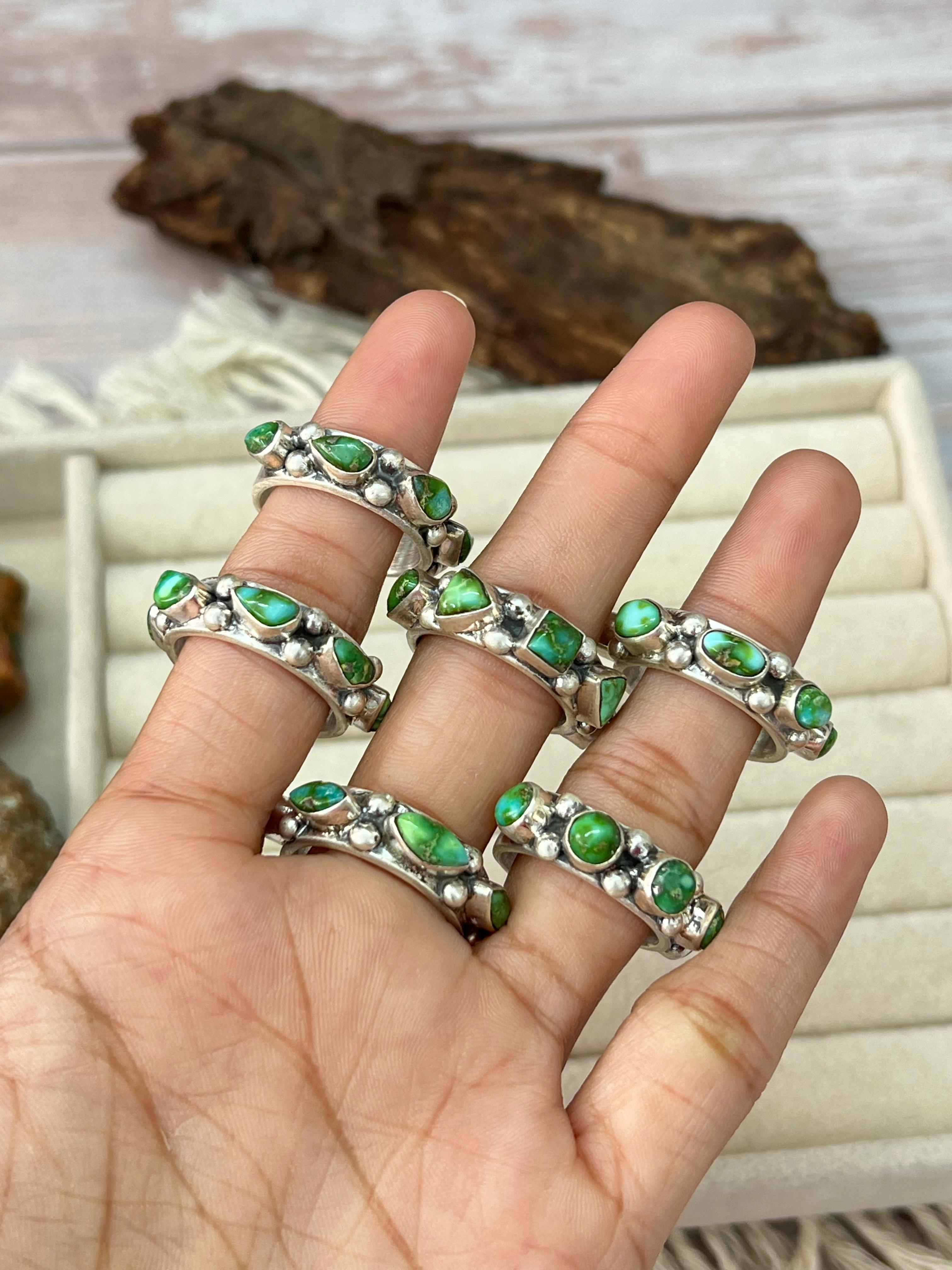 Handmade Sterling Silver Sonoran Mountain Turquoise Adjustable Rings with Signed Nizhoni