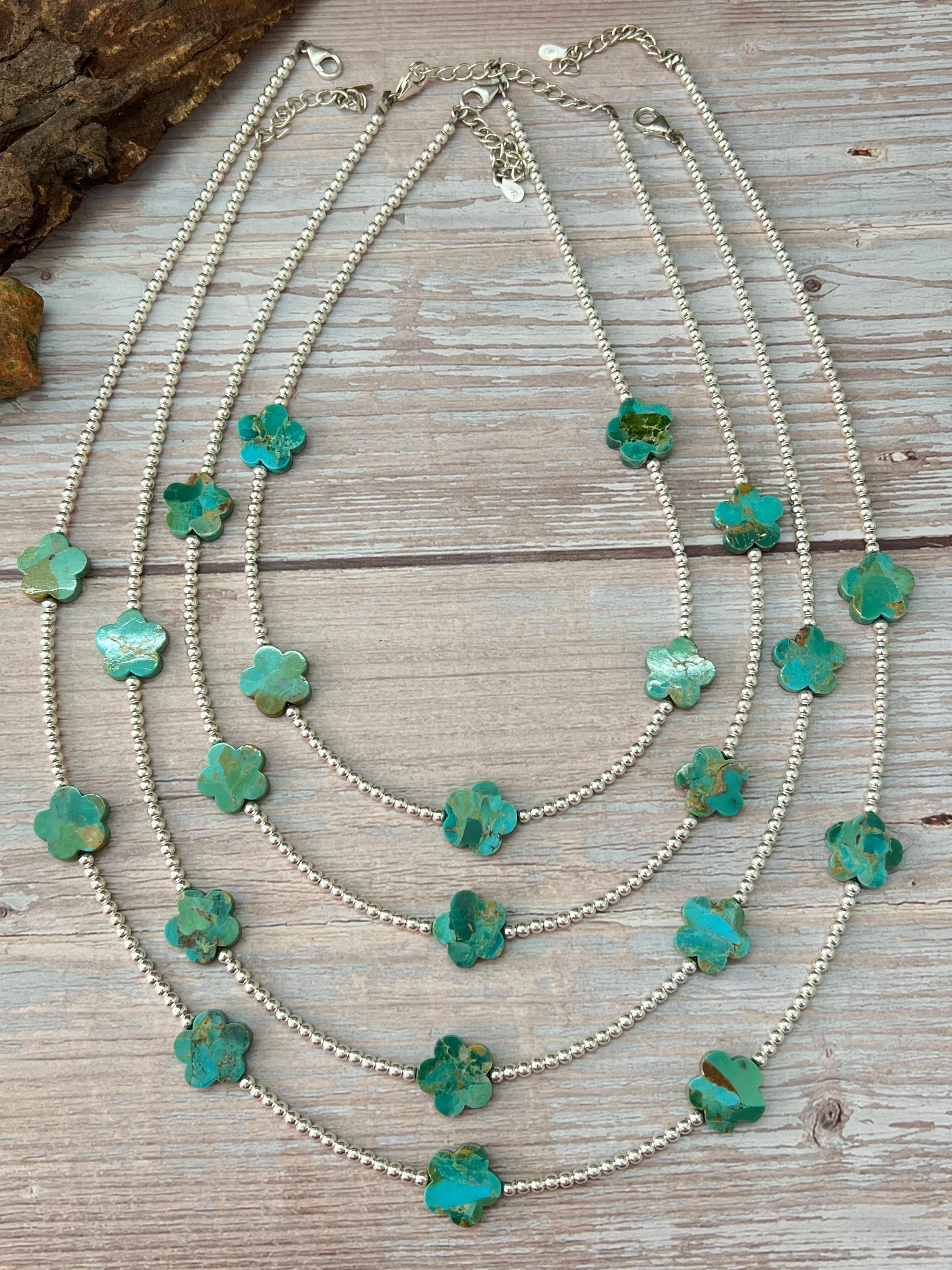 Handmade Sterling Silver Kingman Turquoise Beaded Flower Necklace