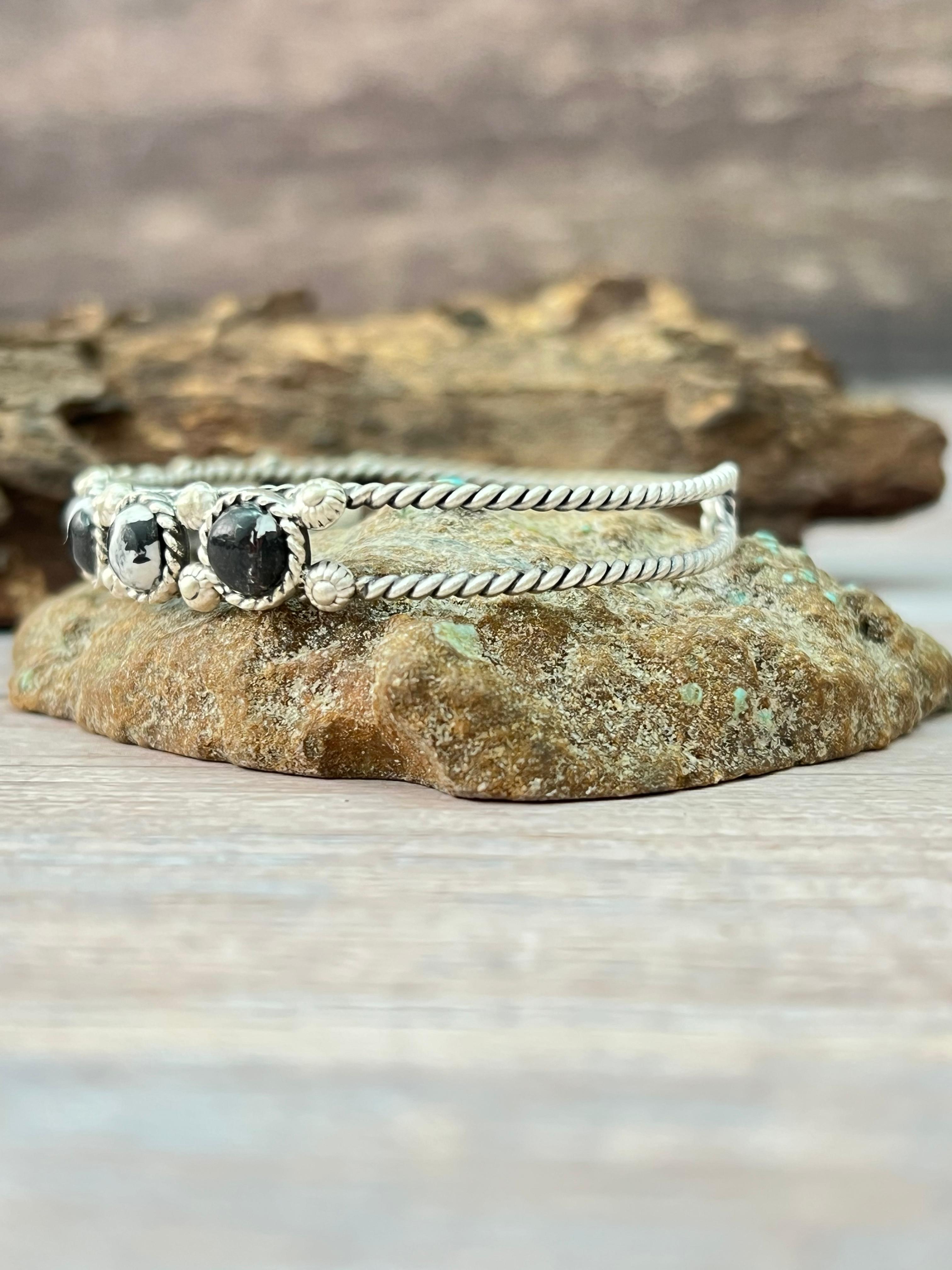 Handmade Sterling Silver White Buffalo Bracelet with Signed Nizhoni