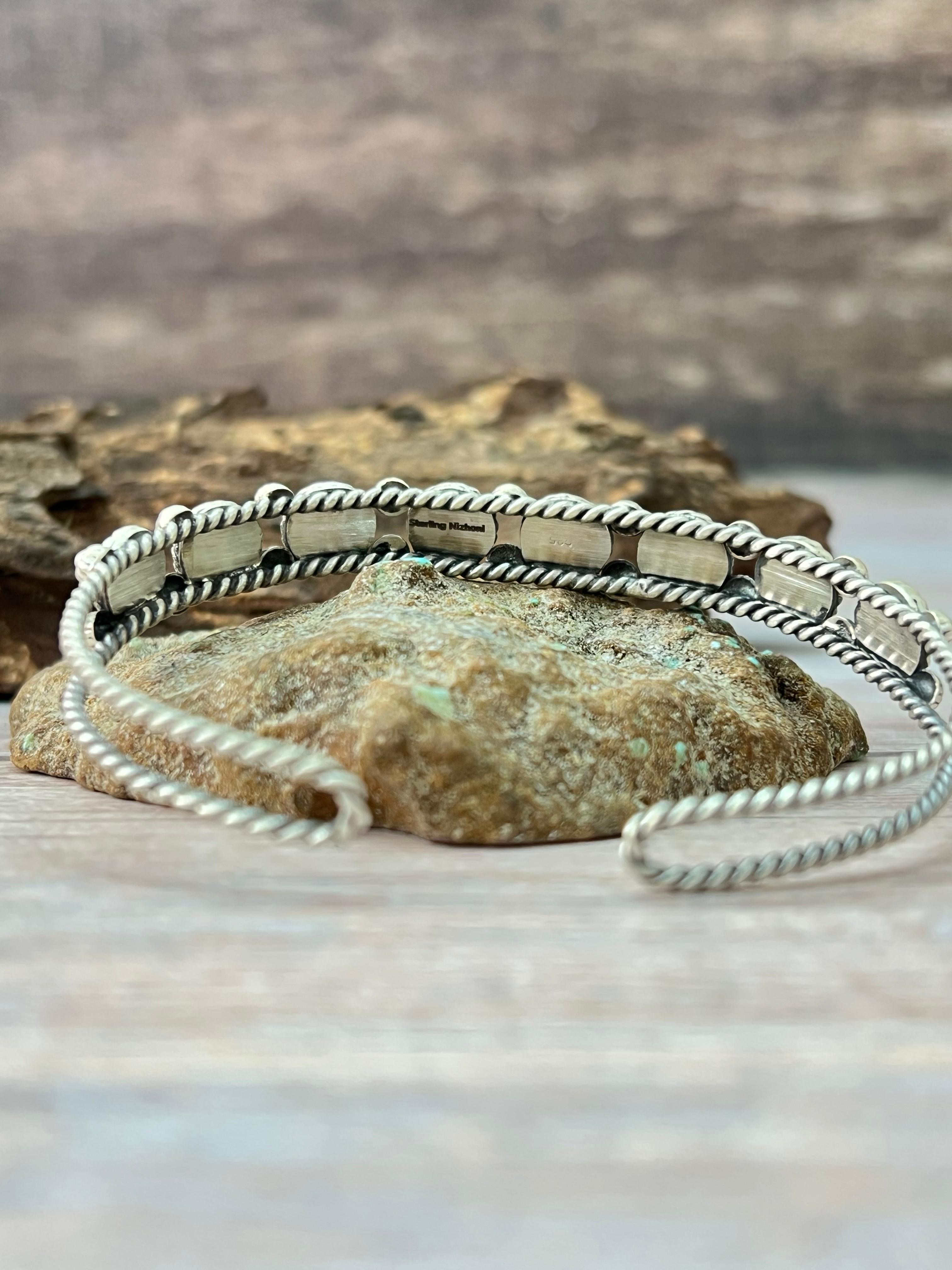 Handmade Sterling Silver White Buffalo Bracelet with Signed Nizhoni