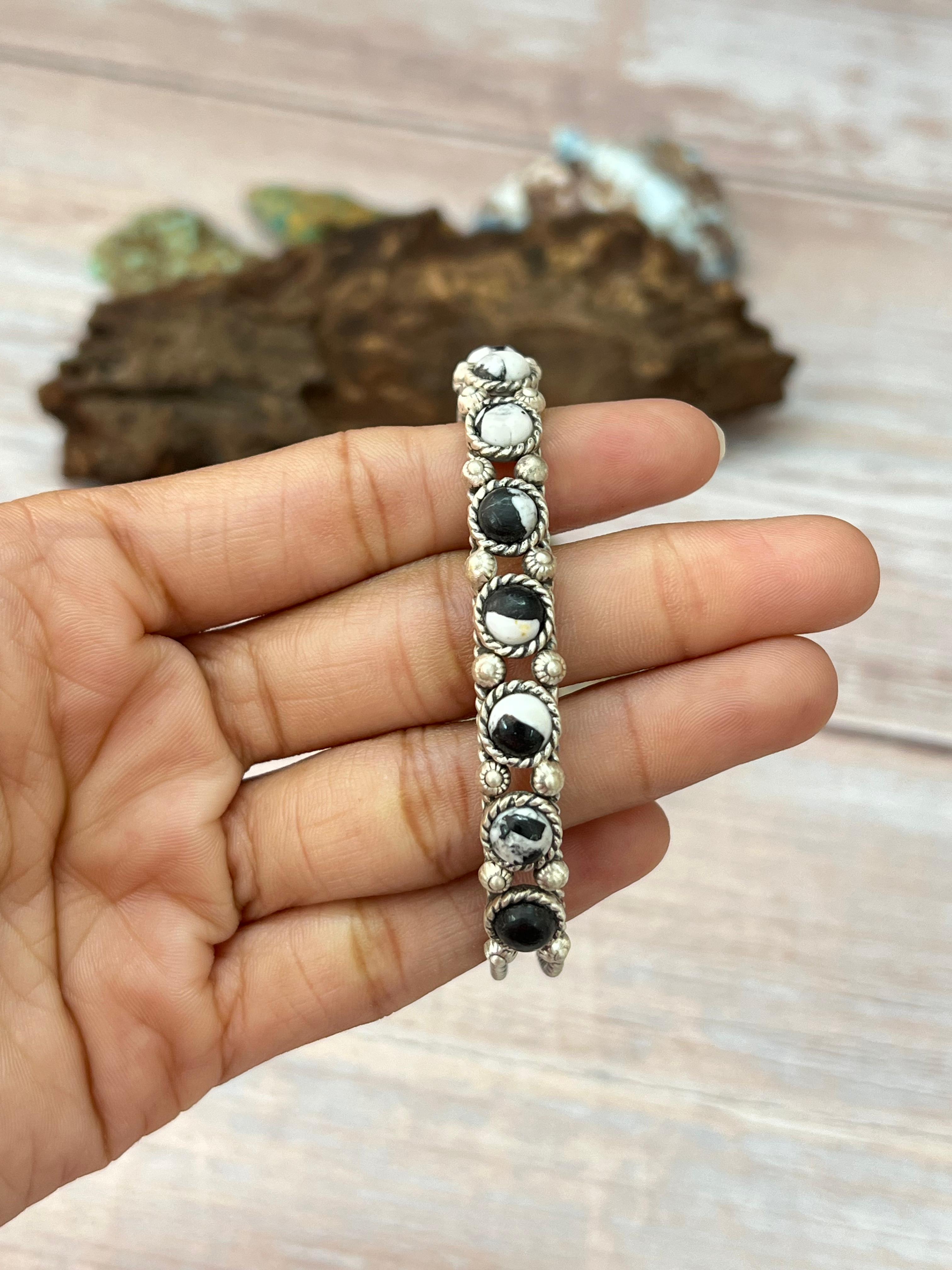 Handmade Sterling Silver White Buffalo Bracelet with Signed Nizhoni