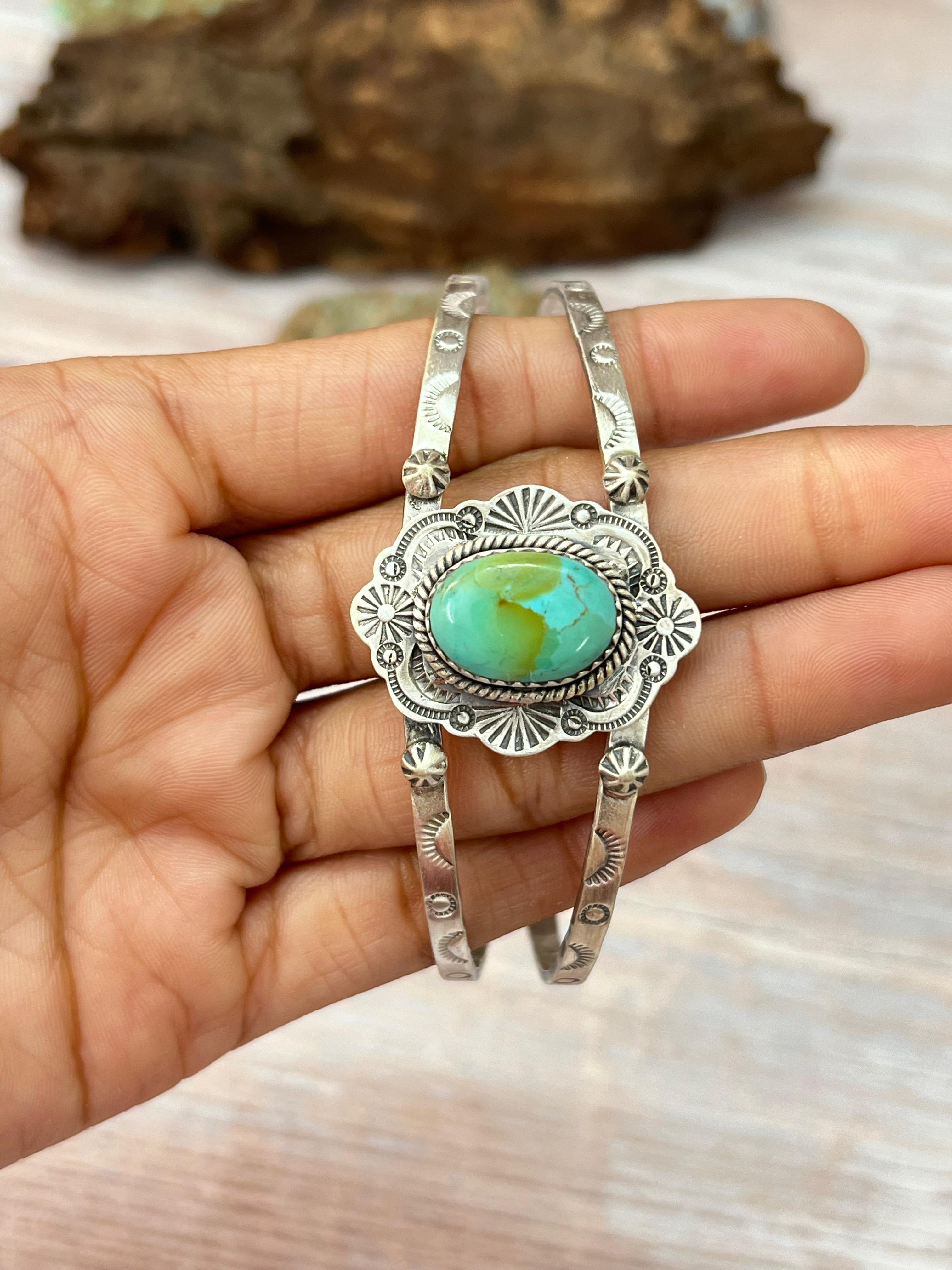 Handmade Sterling Silver Kingman Turquoise Bracelet with Signed Nizhoni