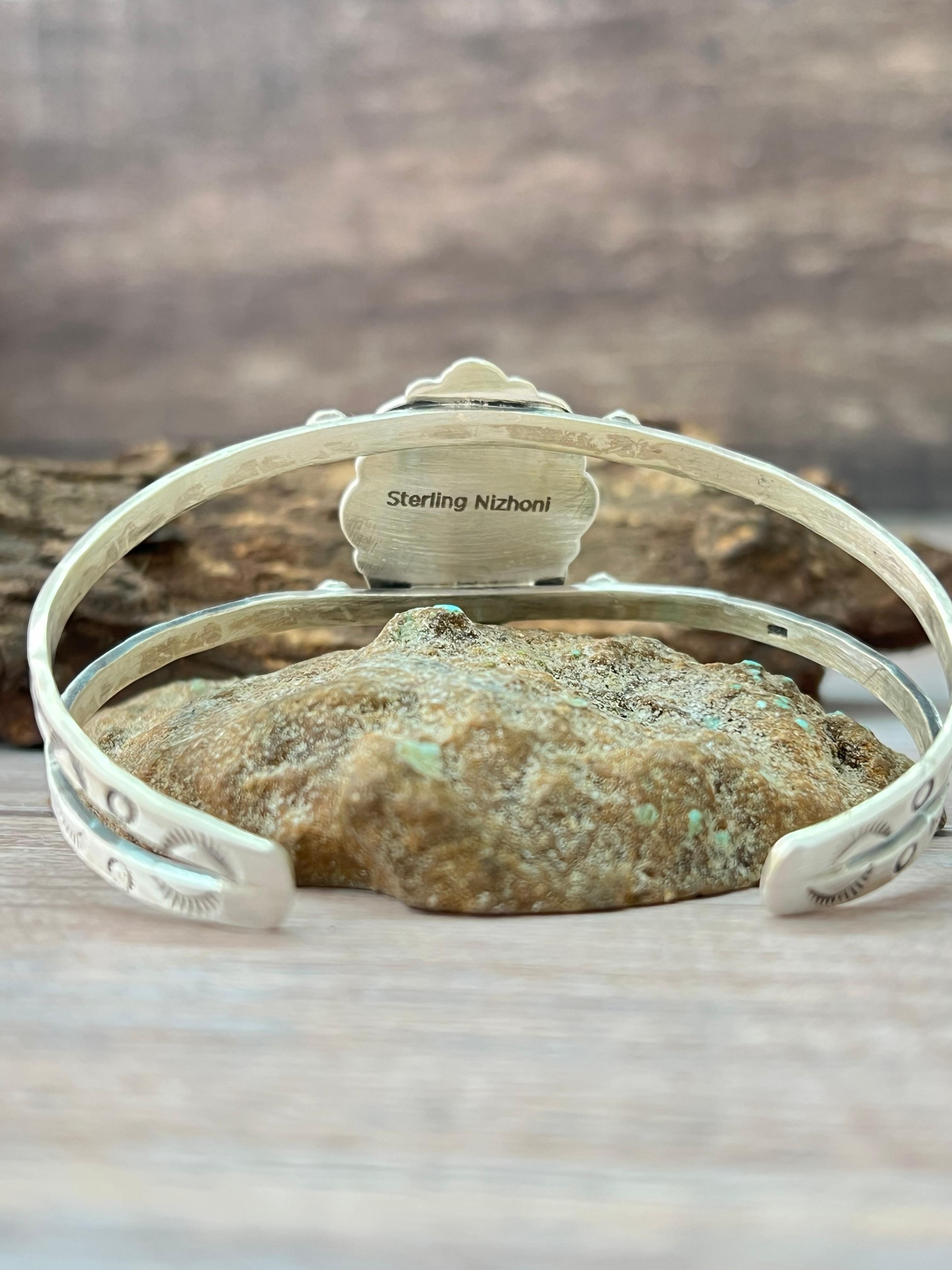 Handmade Sterling Silver Kingman Turquoise Bracelet with Signed Nizhoni