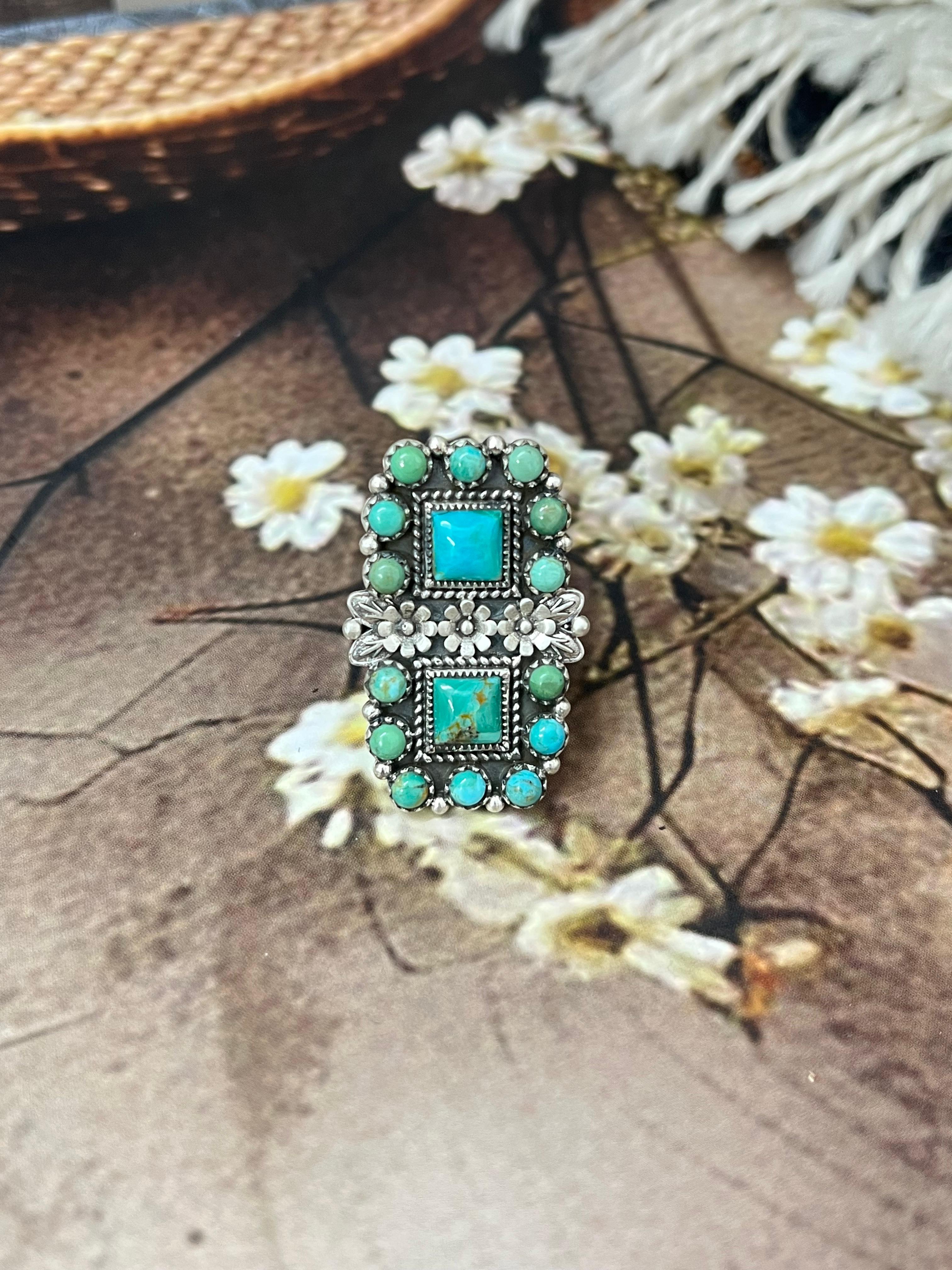 Handmade Sterling Silver Kingman Turquoise Adjustable Rings with Signed Nizhoni