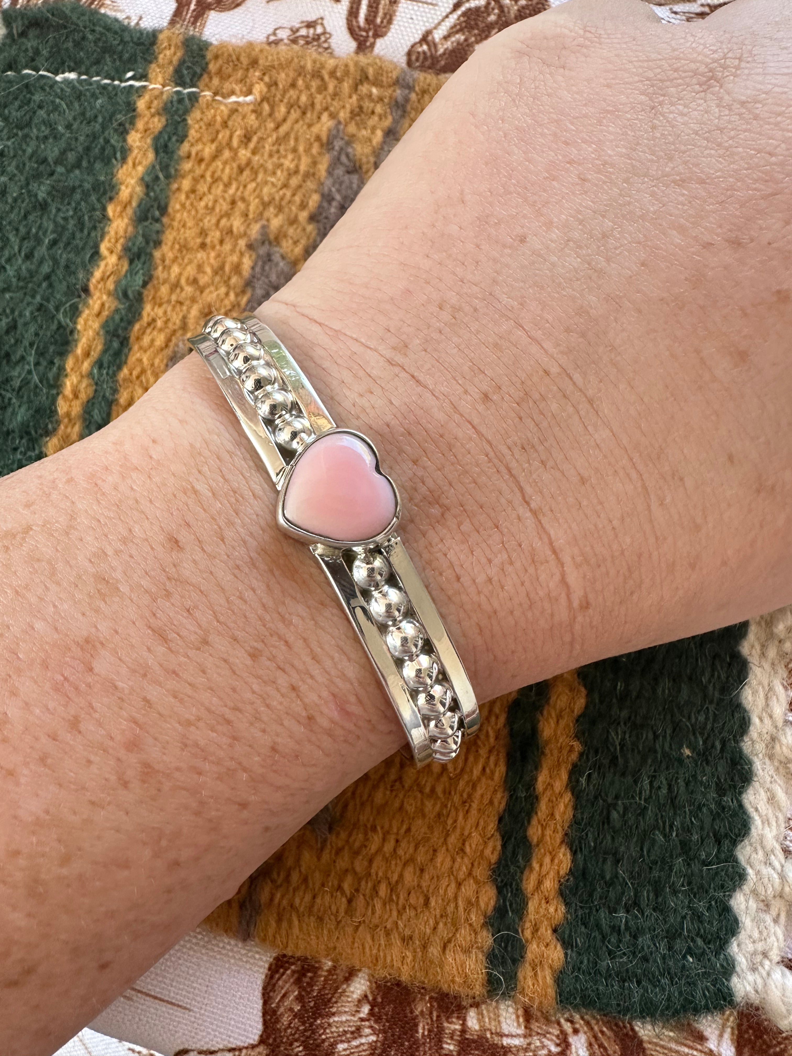 Handmade Sterling Silver & Pink Conch Adjustable Heart Cuff Bracelet