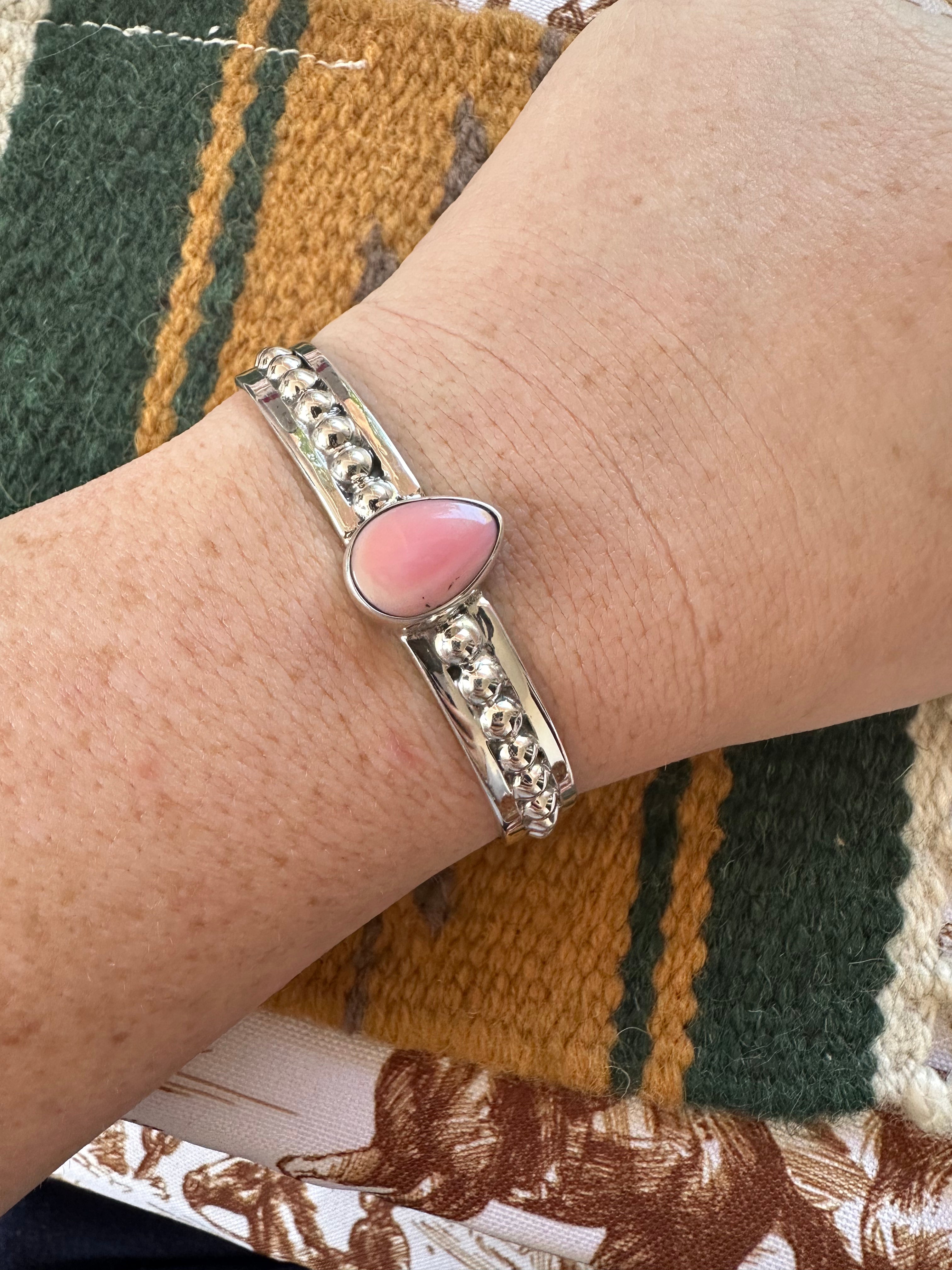 Handmade Sterling Silver & Pink Conch Adjustable Tear Drop Cuff Bracelet