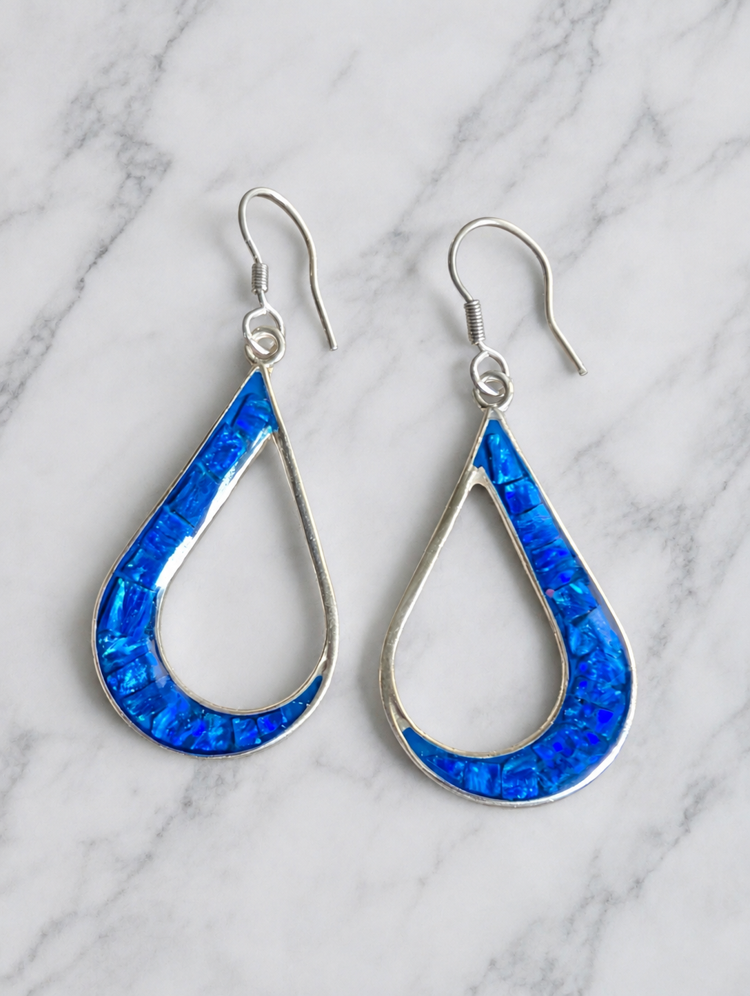 Mosaic Blue Fire Opal Inlay Tear Drop Shaped Sterling Silver Dangle Earrings