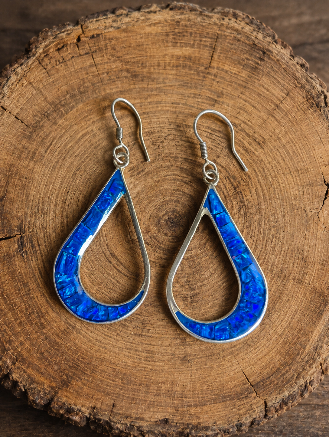 Mosaic Blue Fire Opal Inlay Tear Drop Shaped Sterling Silver Dangle Earrings