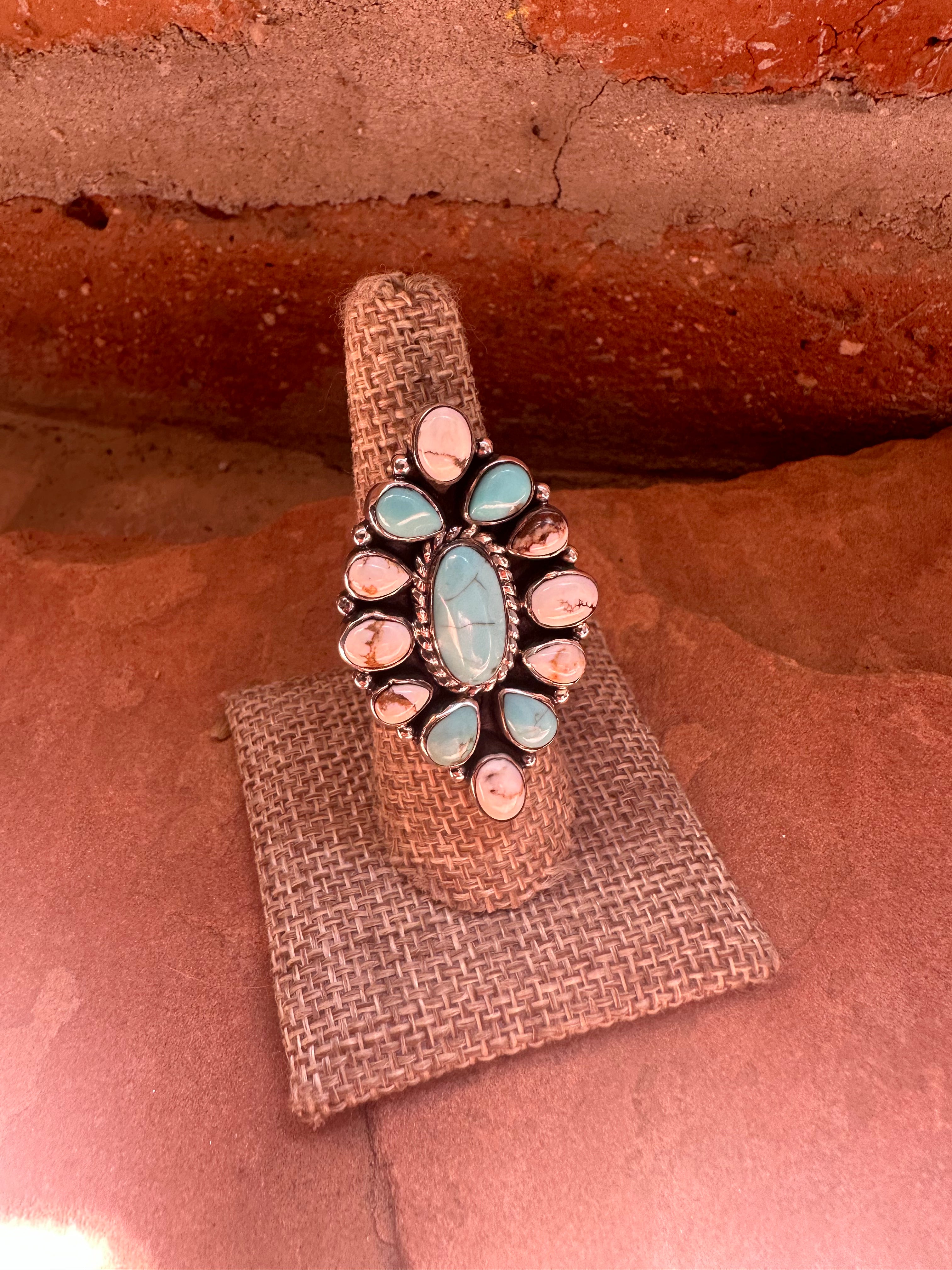 Handmade Wild Horse, Turquoise & Sterling Silver Adjustable Ring Signed Nizhoni