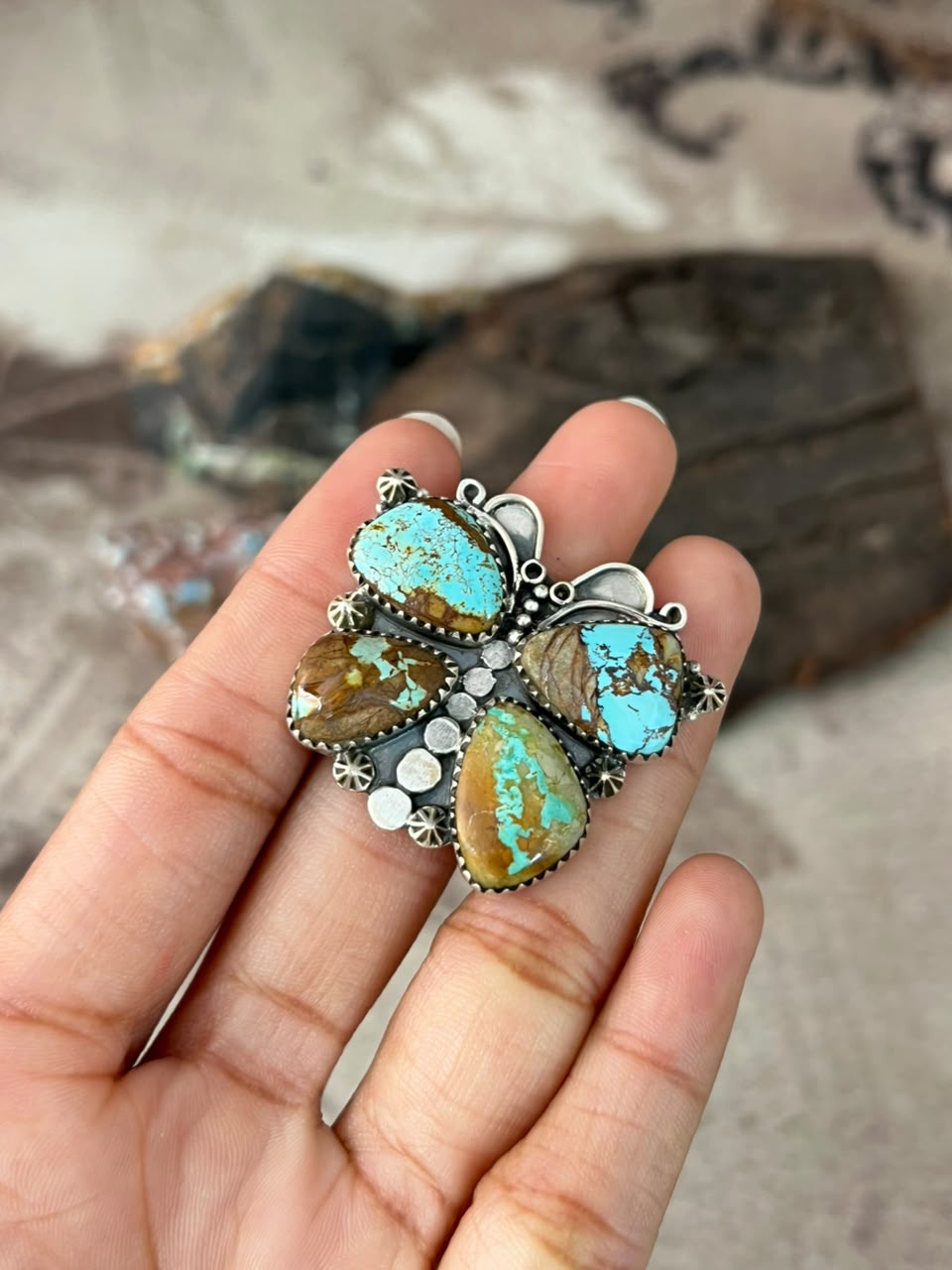 Handmade Sterling Silver Royston Ribbon Turquoise Butterfly Adjustable Ring "Signed Nizhoni"