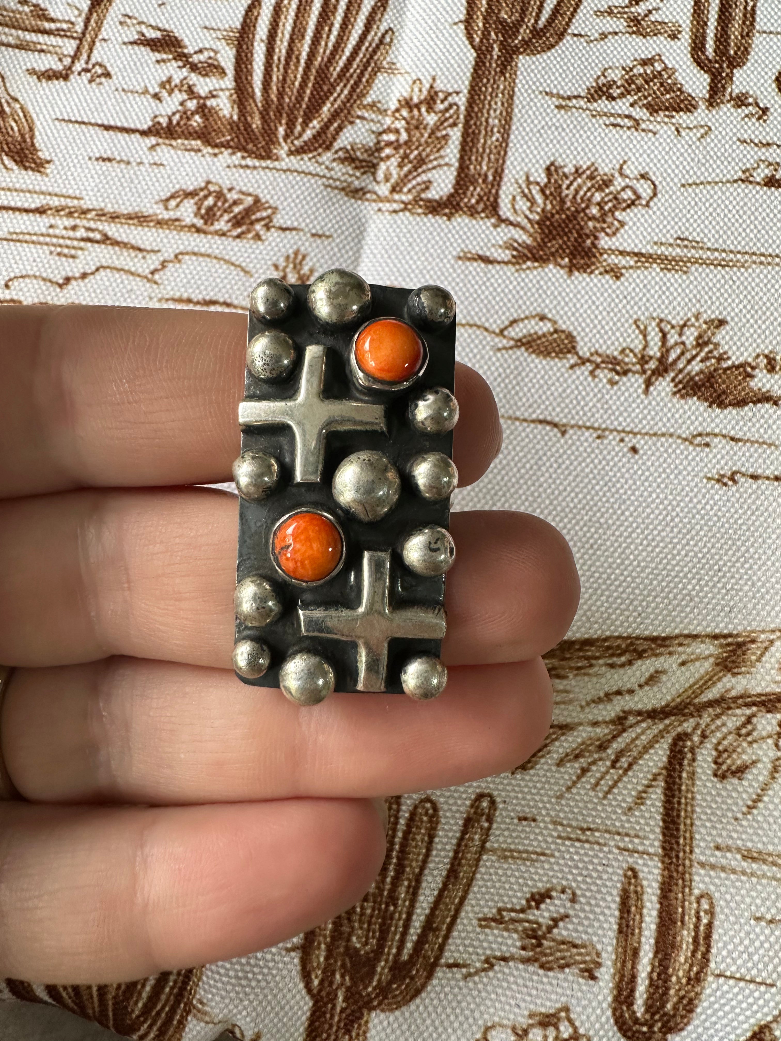 Beautiful Navajo Sterling Silver & Orange Mojave Ring Signed Chimney Butte