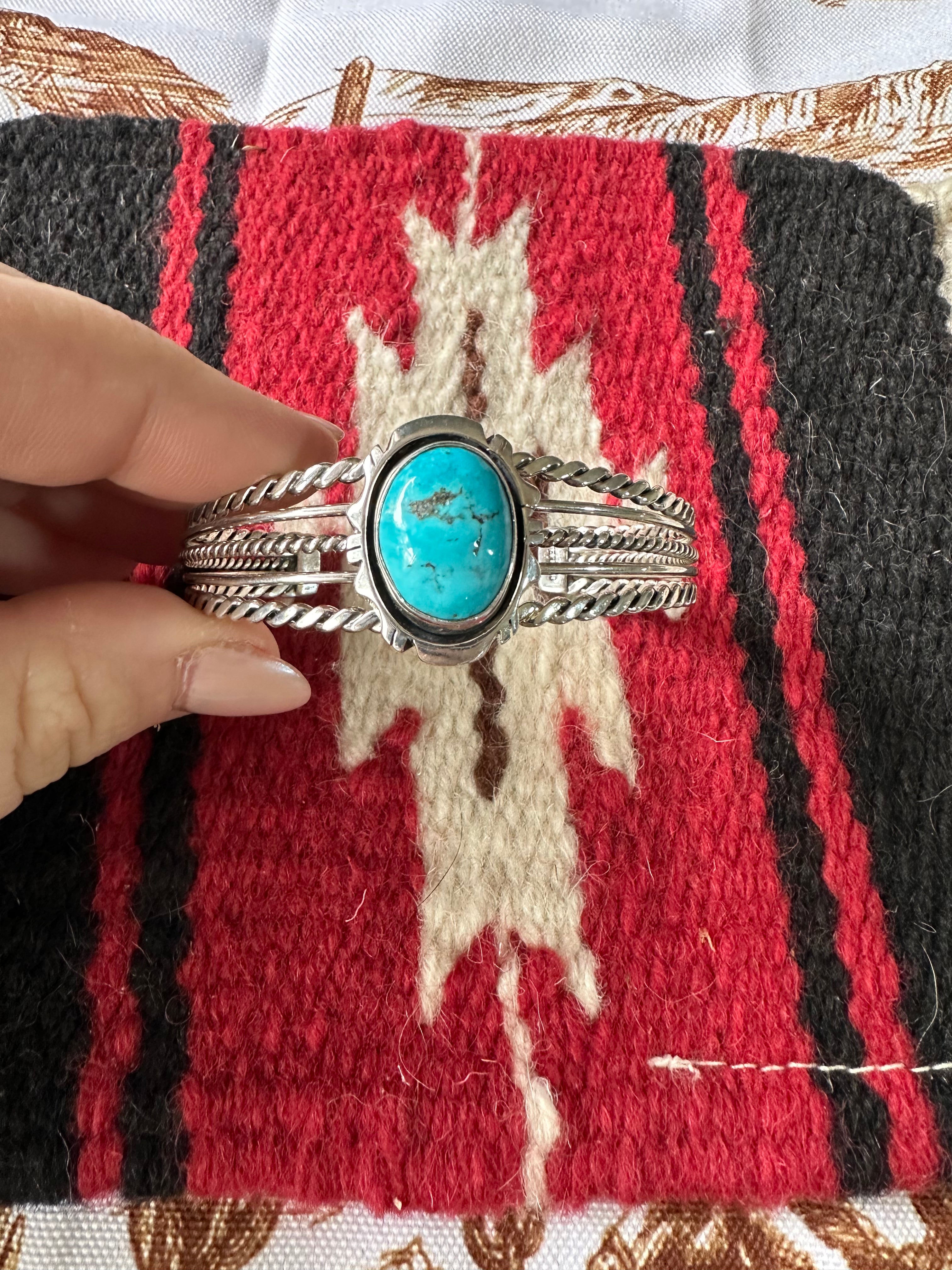 Navajo Single Stone Turquoise And Sterling Silver Adjustable Cuff Bracelet